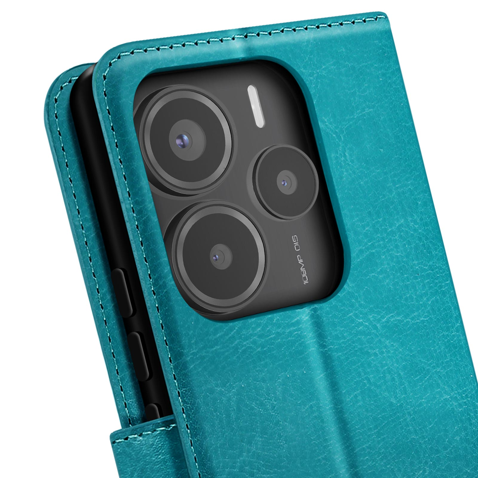 Custodia per telefono verde acqua, primo piano, che mostra le lenti della fotocamera. La custodia è aperta e le lenti sono visibili.