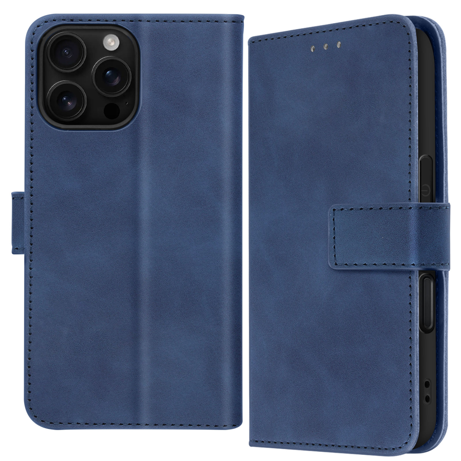 Custodia per telefono in pelle blu, aperta. Mostra un telefono e fessure per carte. La custodia è chiusa con un cinturino.