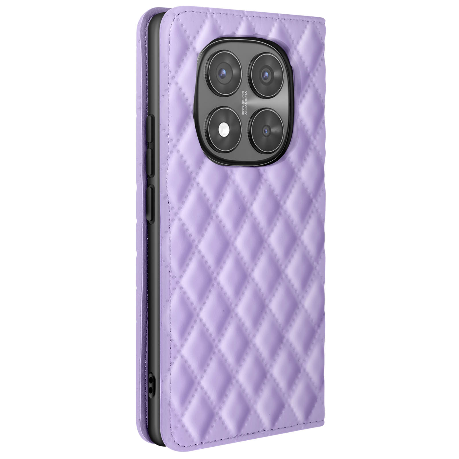 Custodia viola trapuntata, aperta con il telefono dentro, fotocamera visibile.