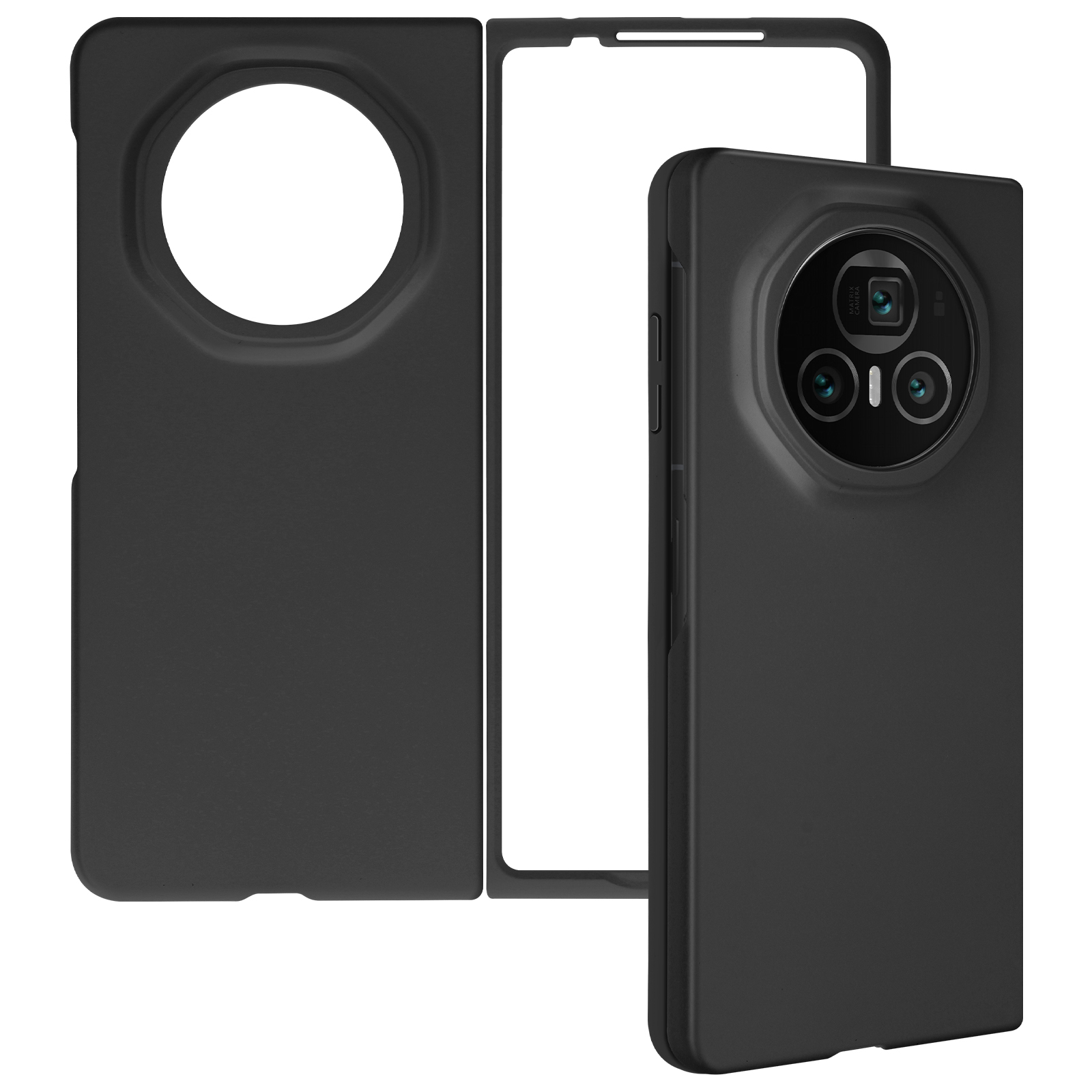 Custodia per telefono nera con ritaglio per la fotocamera. La custodia ha un foro e una cornice per il telefono.