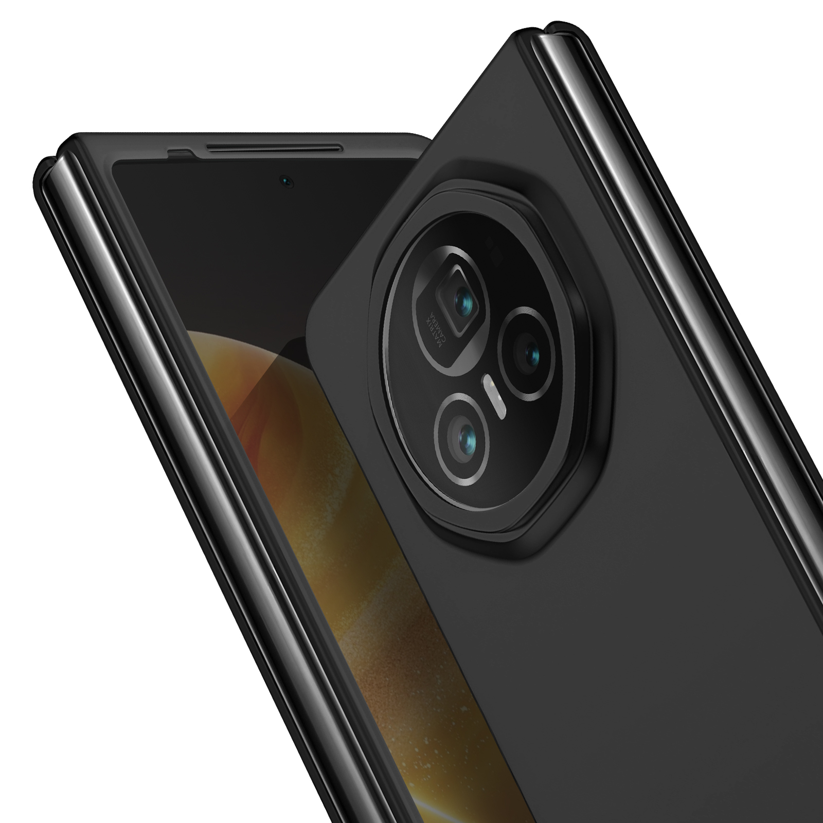 Custodia nera con un grande rialzo per la fotocamera. Il telefono è nero.