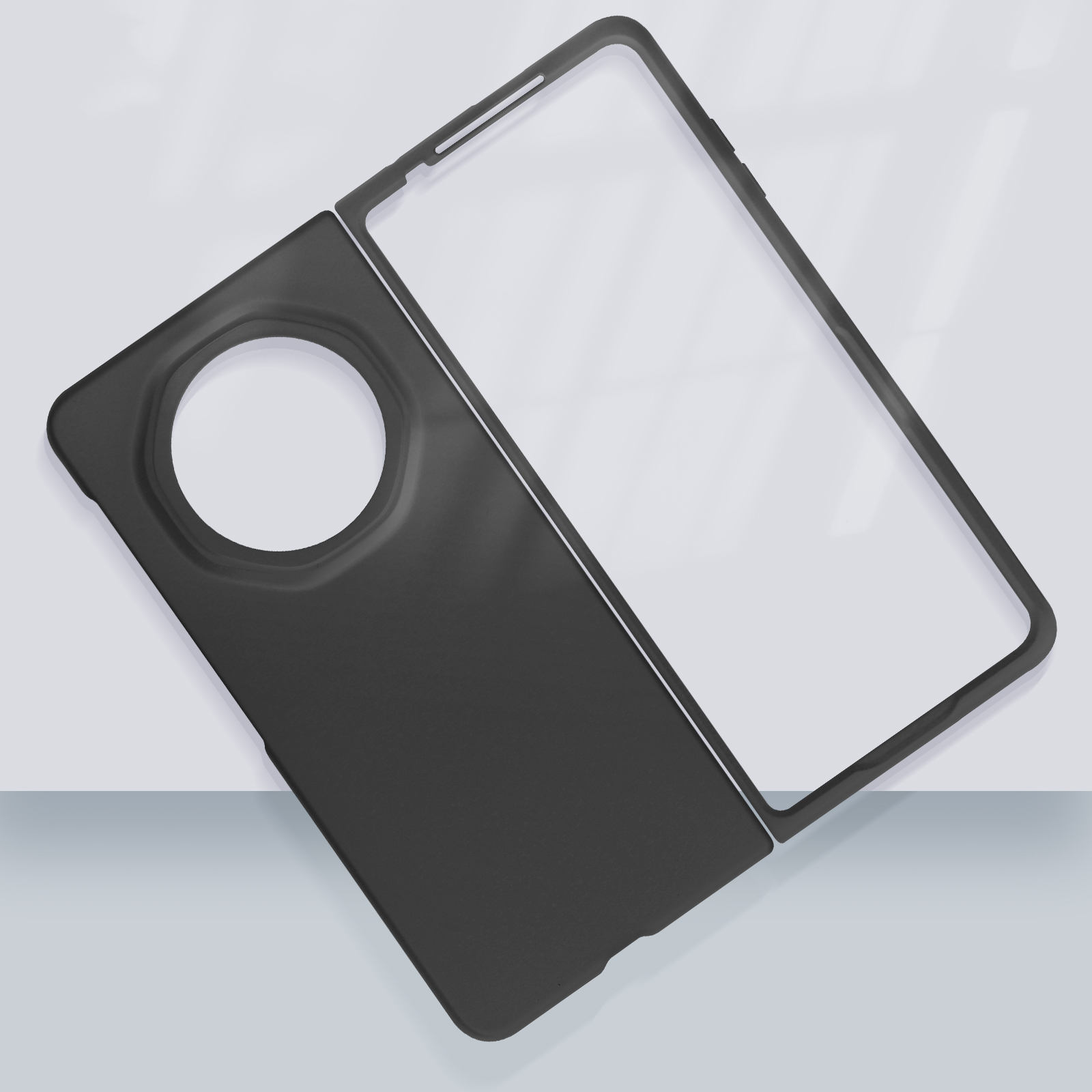 Custodia nera per telefono in due pezzi. Un pezzo ha un ritaglio per la fotocamera e un'apertura circolare.