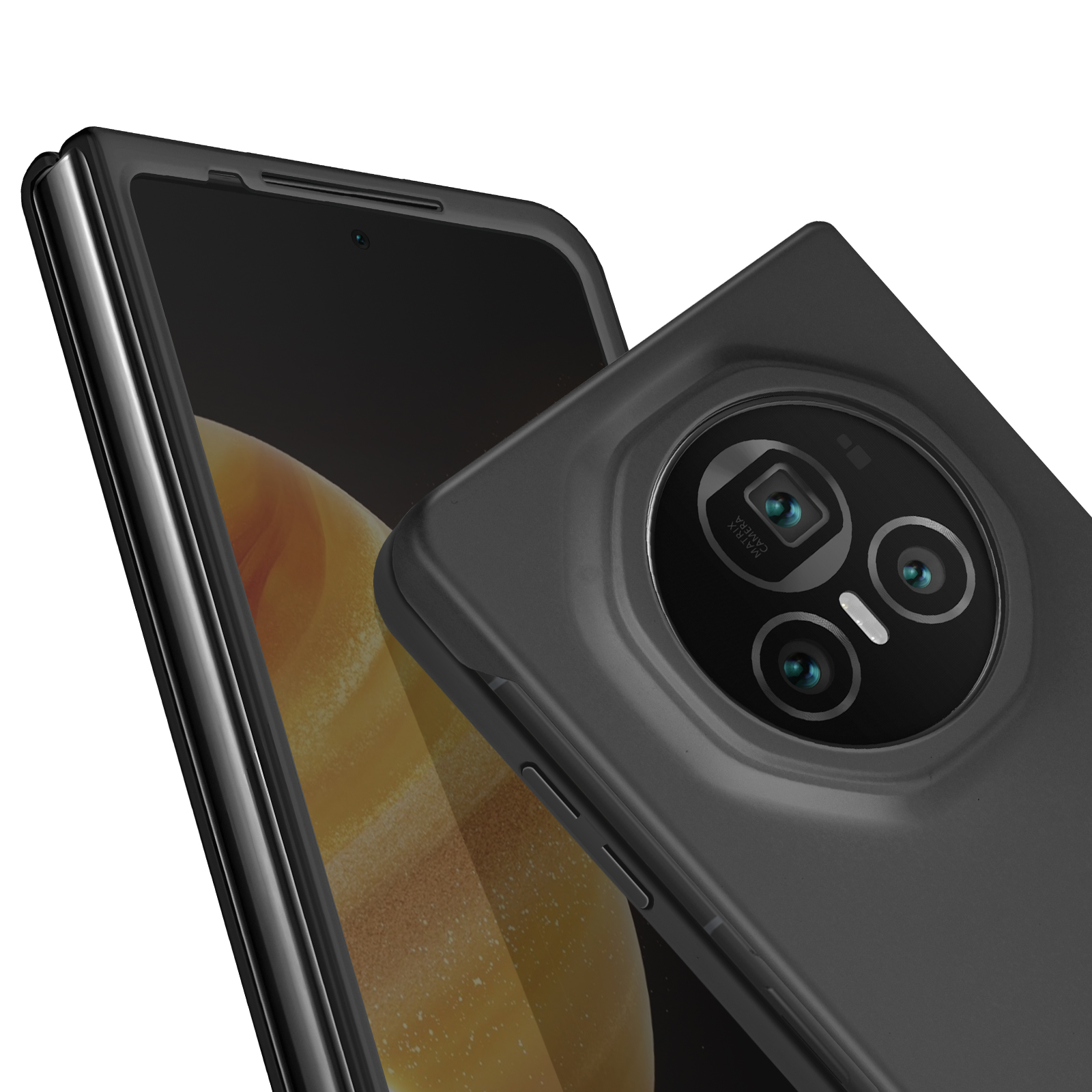 Custodia nera con un grande rialzo per la fotocamera. Il telefono è nero.