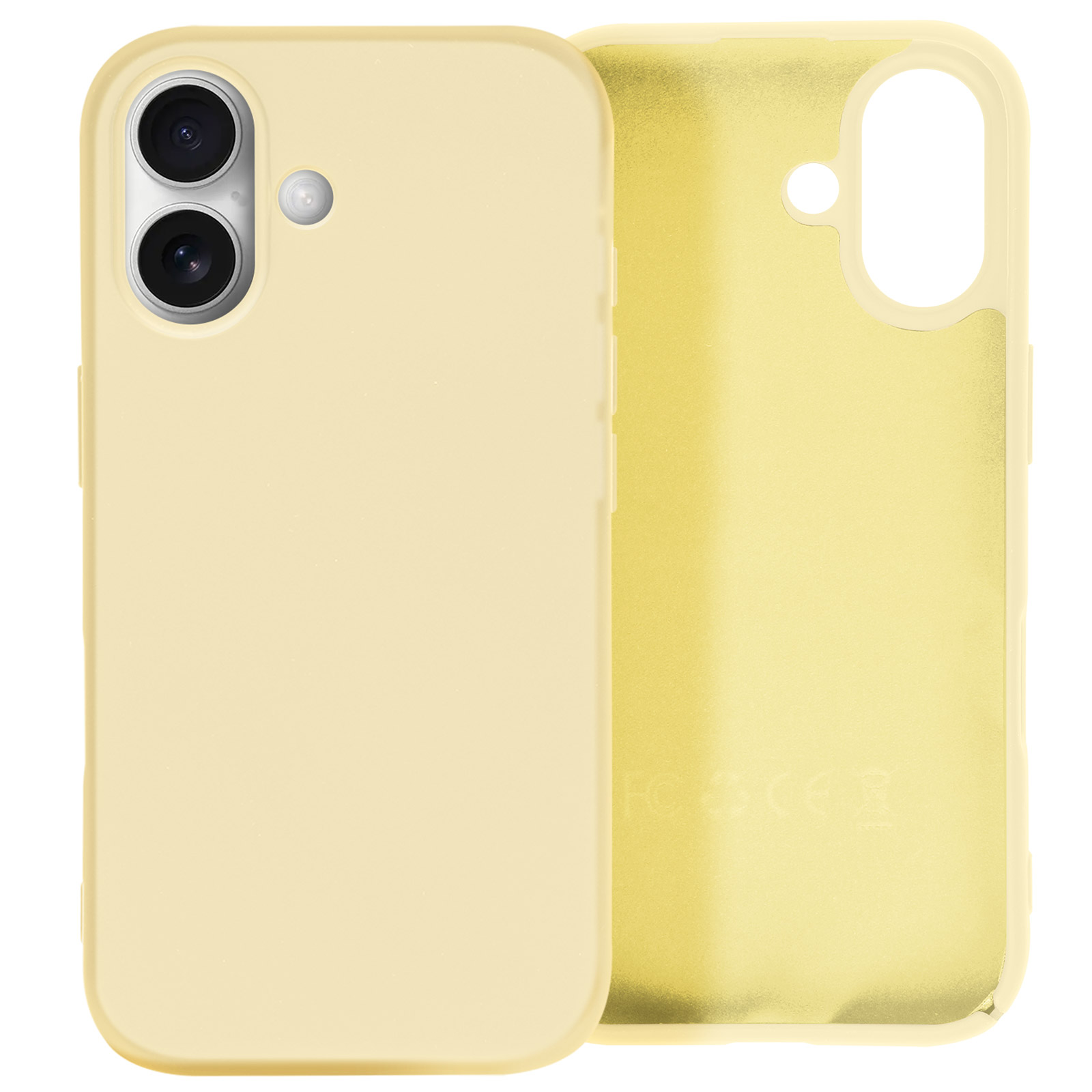 Custodia giallo pallido con retro trasparente. Due obiettivi della fotocamera visibili.