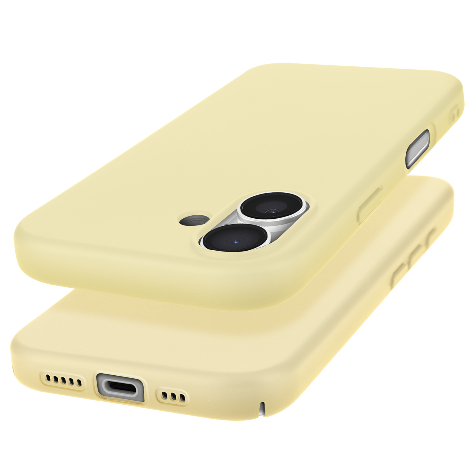 Custodie giallo pallido, una sopra l'altra. I fori della fotocamera sono visibili.