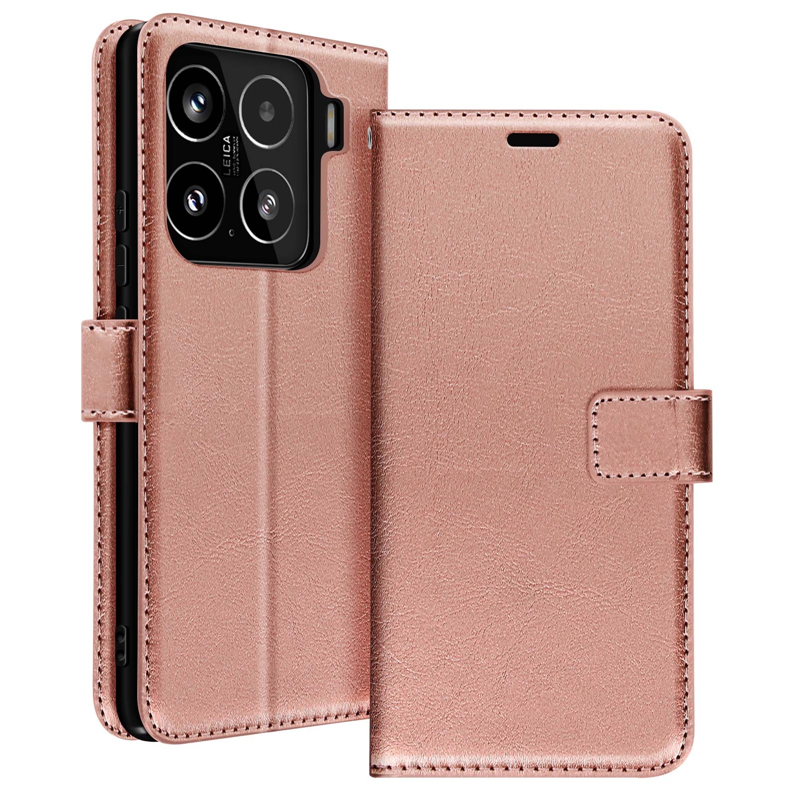 Custodia oro rosa, aperta, mostra telefono e fotocamera. Pelle strutturata.