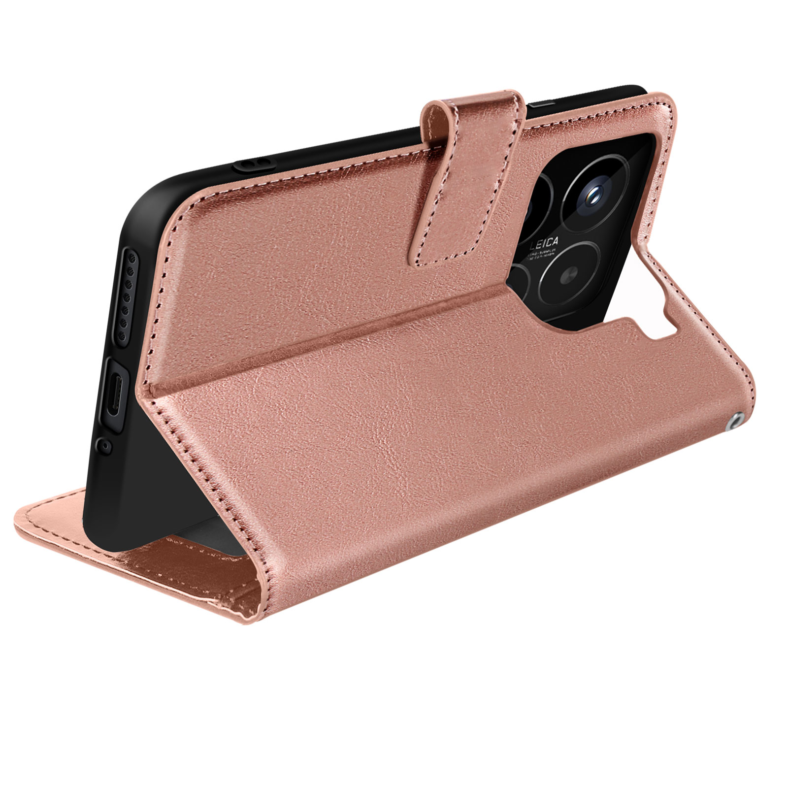 Custodia oro rosa aperta, mostra il telefono con fotocamera e texture in pelle.