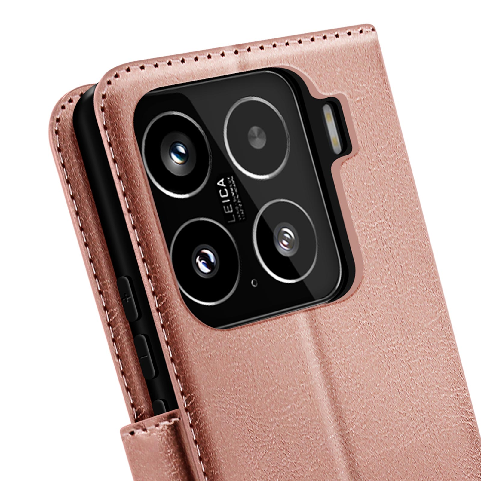 Una custodia per telefono oro rosa con un telefono nero all'interno, che mostra le lenti della fotocamera.