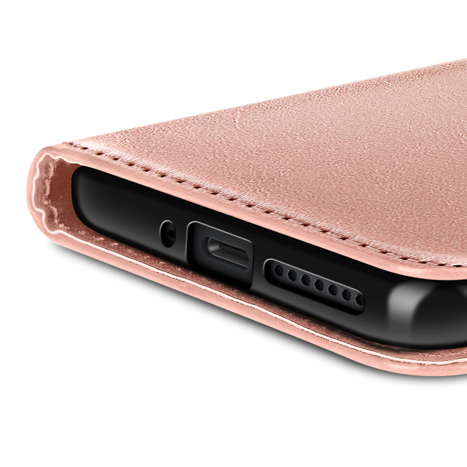 Custodia per telefono color oro rosa con parte inferiore del telefono visibile. Ha porta di ricarica e altoparlanti.