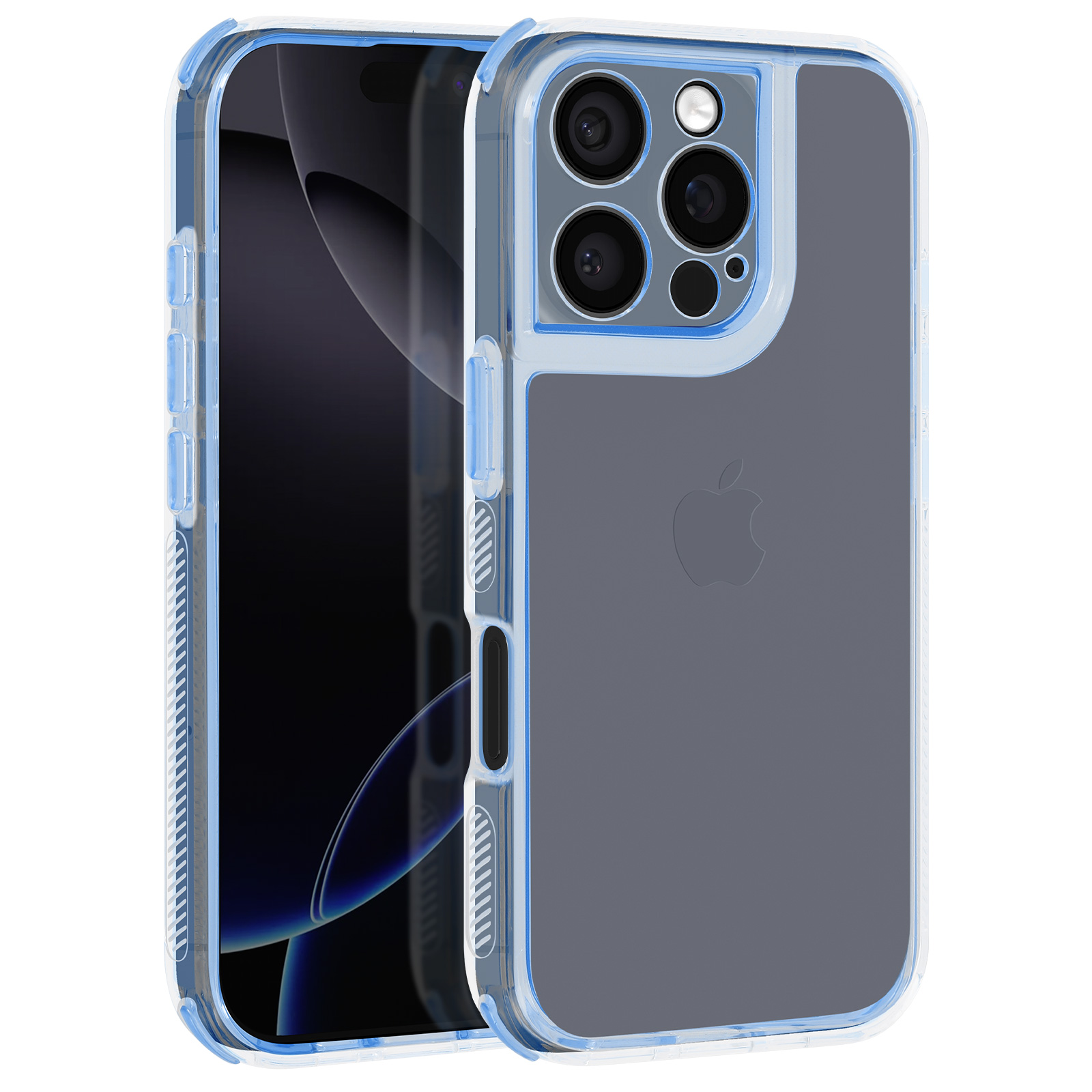 Una custodia per telefono con bordi blu con un telefono grigio all'interno, che mostra le lenti.