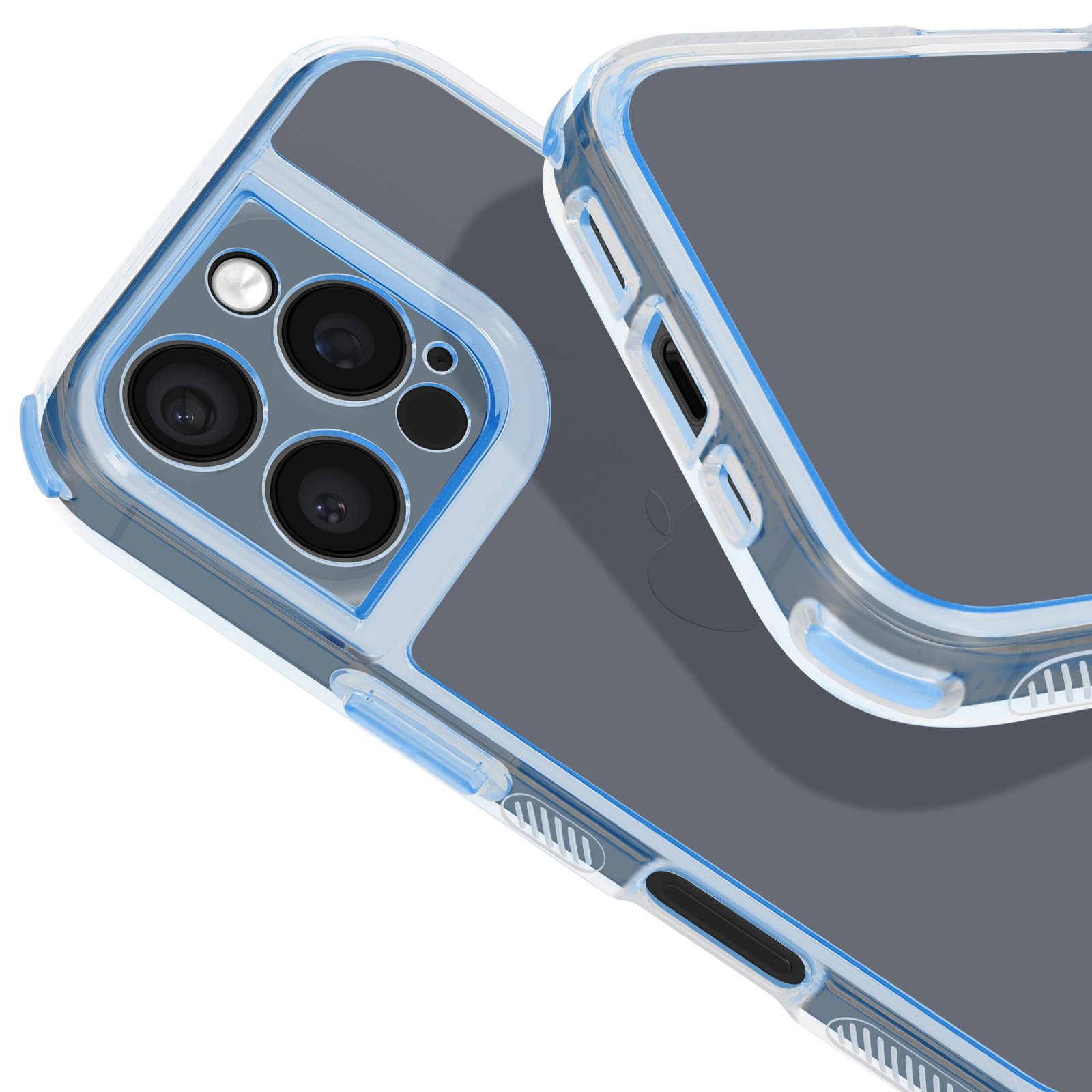 Due custodie per telefono, una sopra l'altra, con cornici blu.
