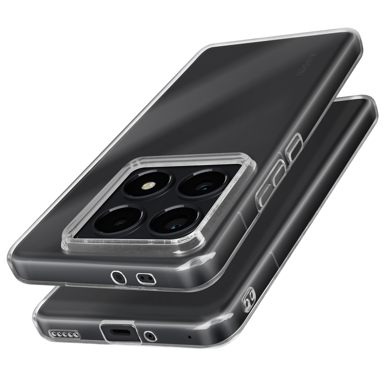 Un telefono nero in una custodia trasparente. Il telefono ha quattro fotocamere e Xiaomi.
