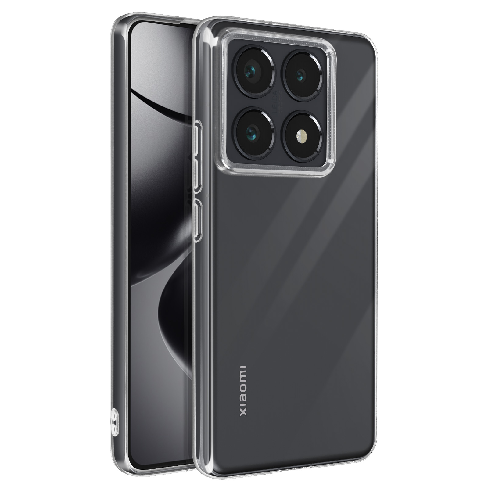 Custodia trasparente per telefono. Logo Xiaomi visibile. Il telefono ha quattro fotocamere.