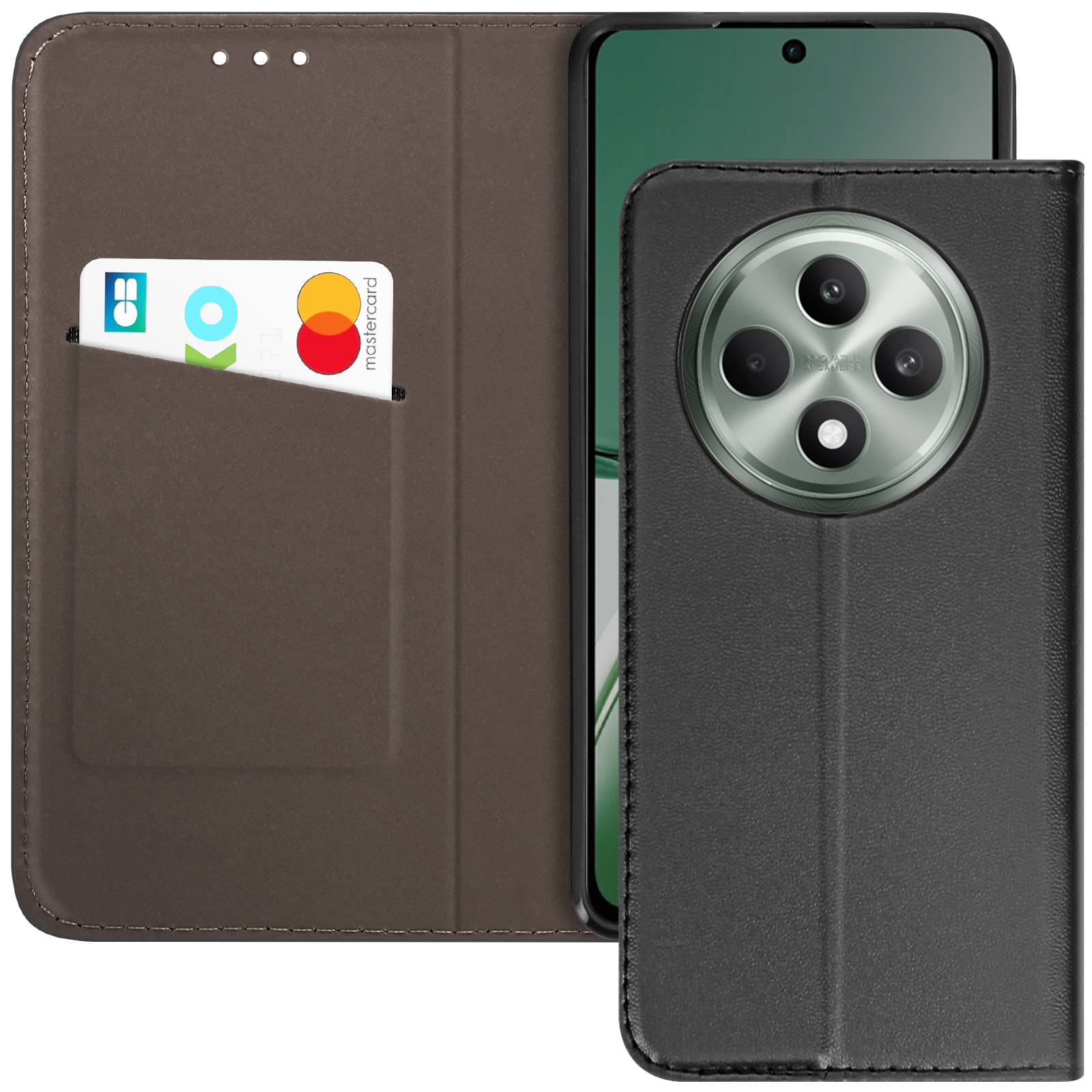 Custodia per telefono in pelle nera con carte e telefono. Il telefono ha una fotocamera con quattro lenti.