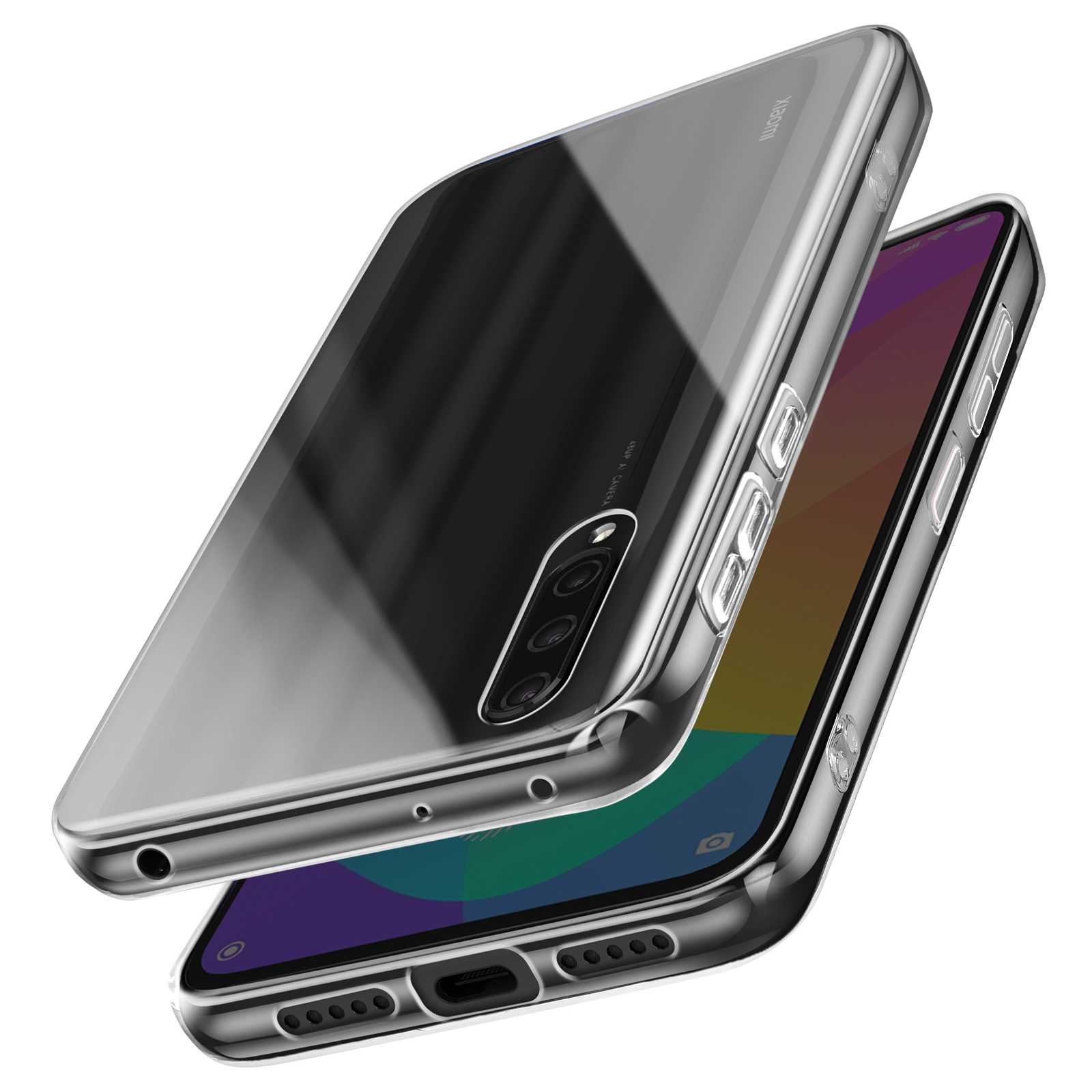 Un telefono in una custodia trasparente, con una superficie riflettente. Diverse fotocamere sono visibili sul retro.