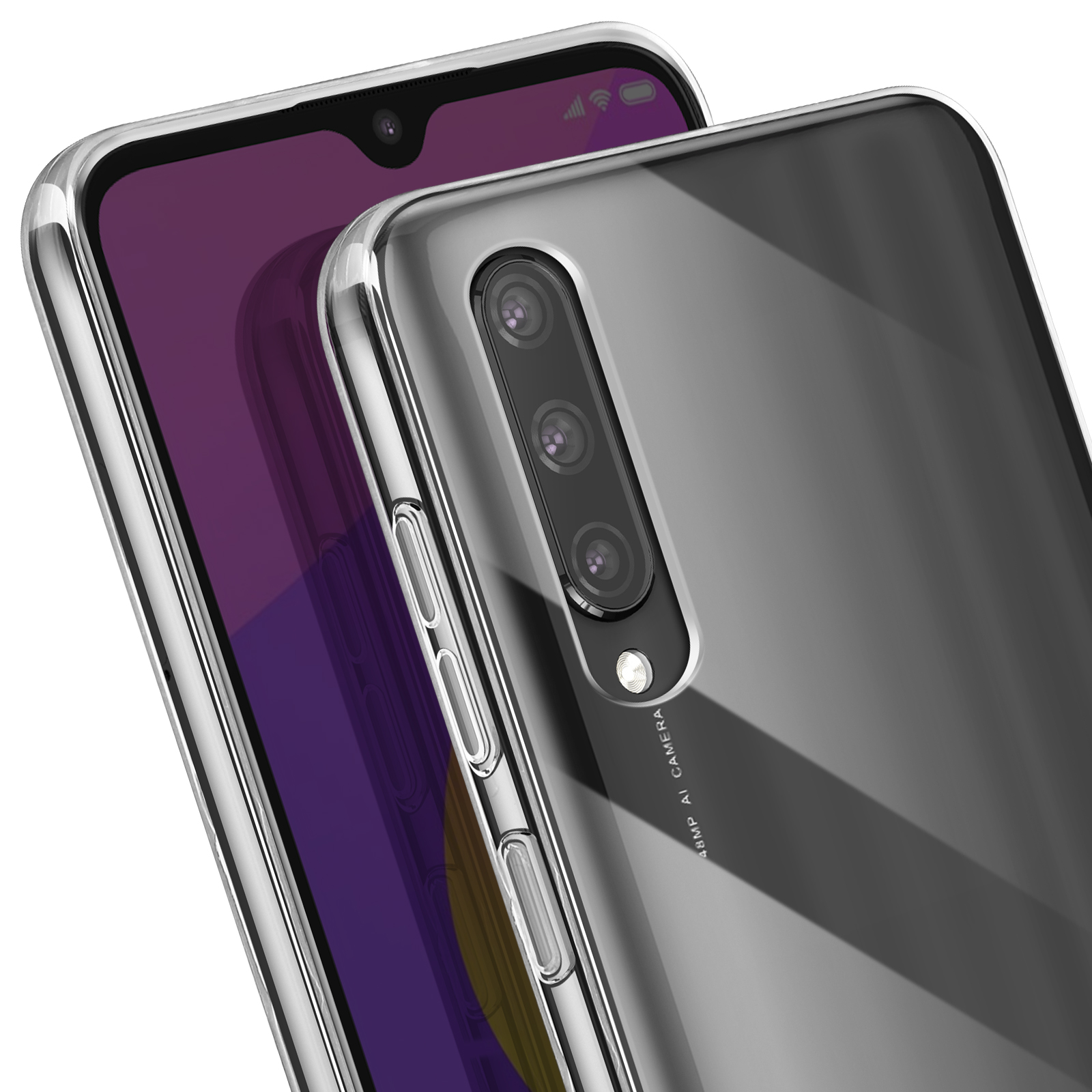 Primo piano di un telefono in una custodia trasparente. Il telefono ha tre fotocamere e una data sullo schermo.