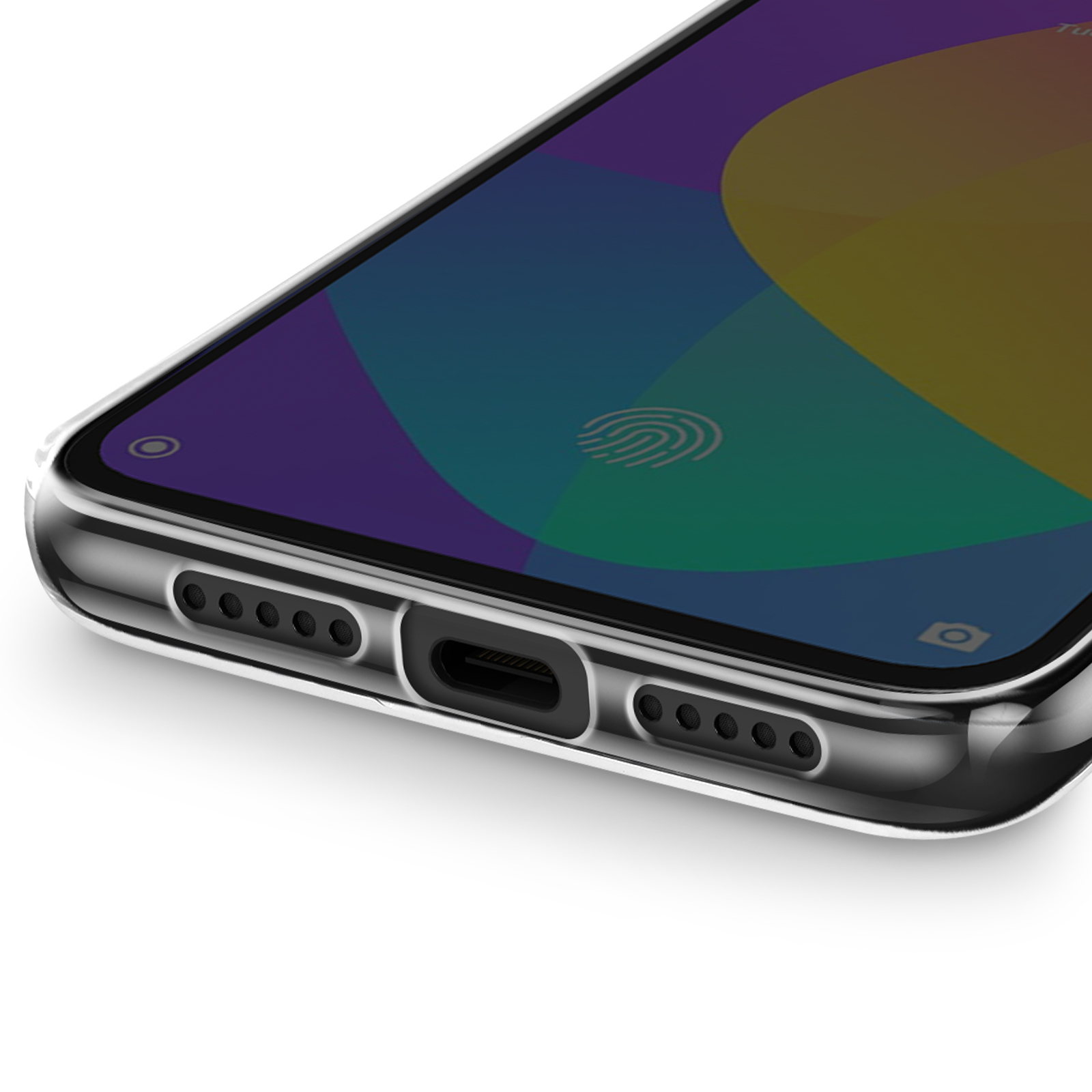 Primo piano del telefono con schermo che mostra uno sfondo astratto colorato. Custodia trasparente. Porte inferiori visibili.