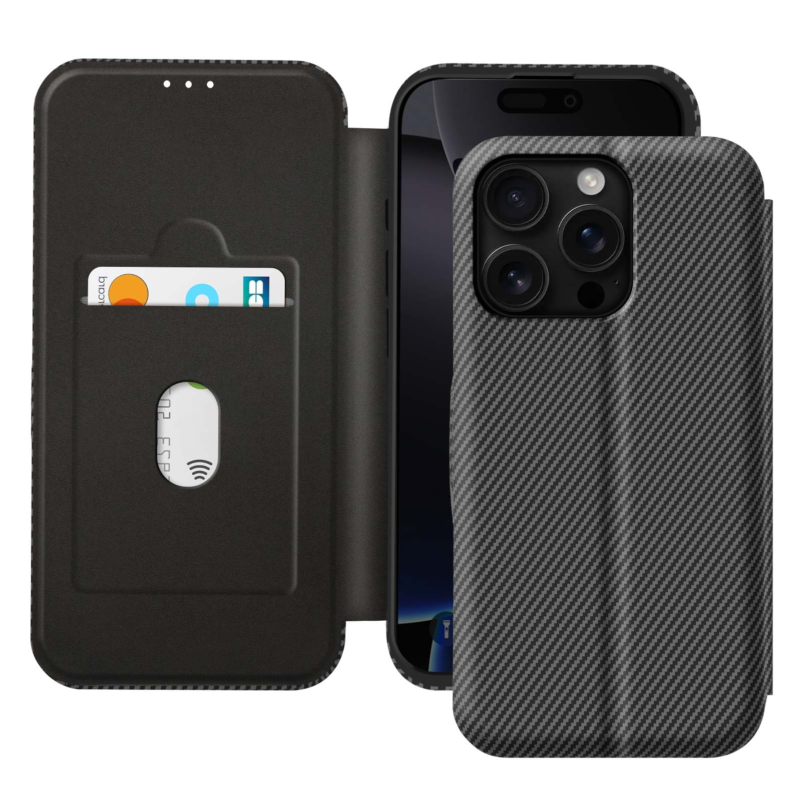 Custodia per telefono in pelle nera con fessura per carta di credito e telefono all'interno. Design in fibra di carbonio.