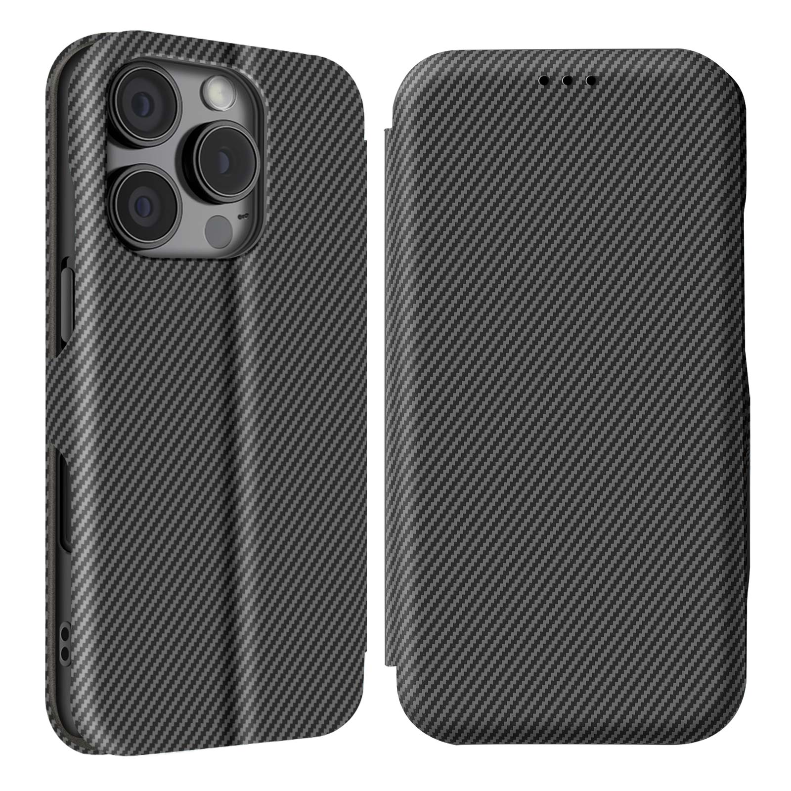 Custodia per telefono in fibra di carbonio nera su sfondo bianco. Telefono con tre fotocamere visibili. Viste aperta e chiusa.