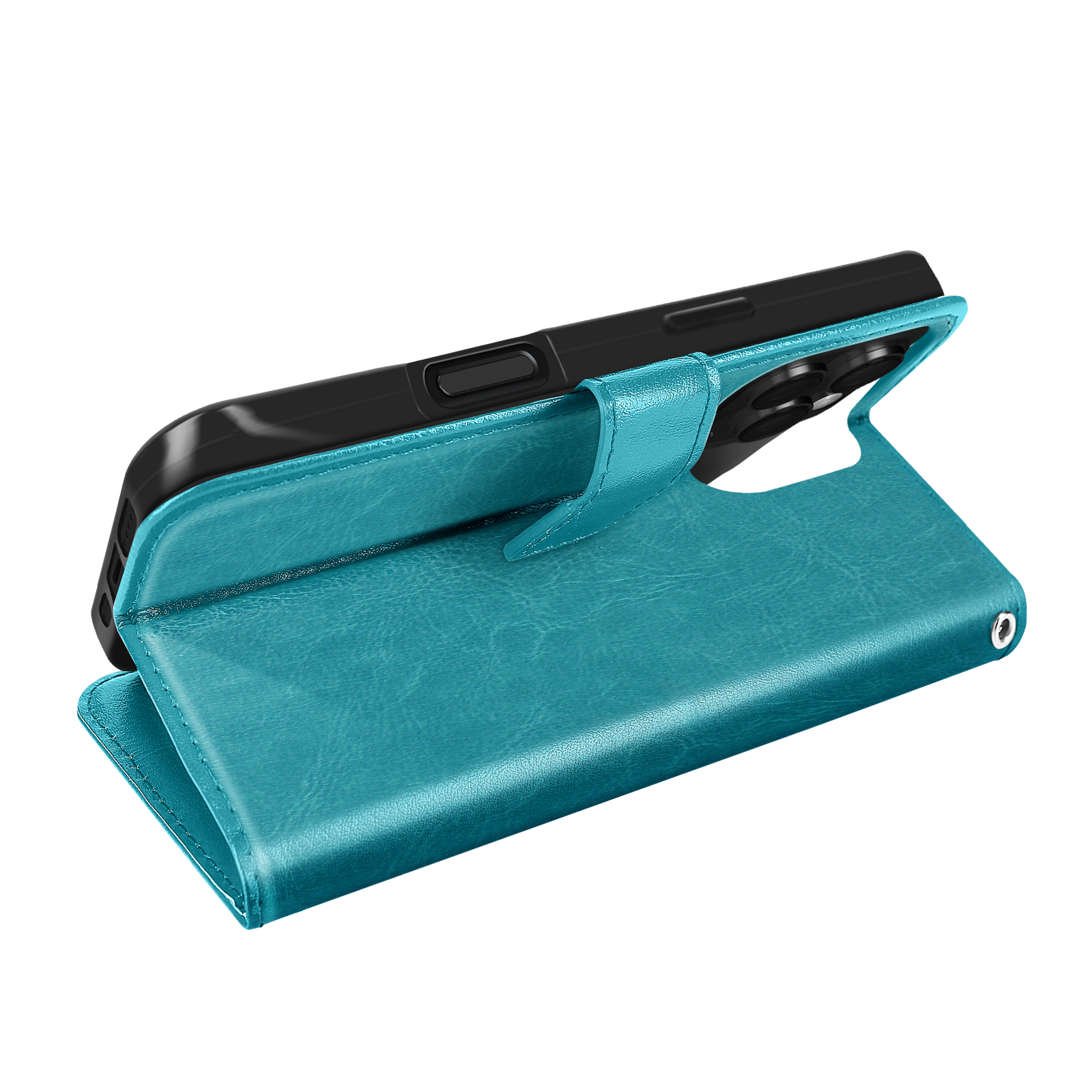 Custodia per telefono in pelle verde acqua aperta. Telefono con fotocamere. La custodia in pelle verde acqua ha una funzione di supporto.
