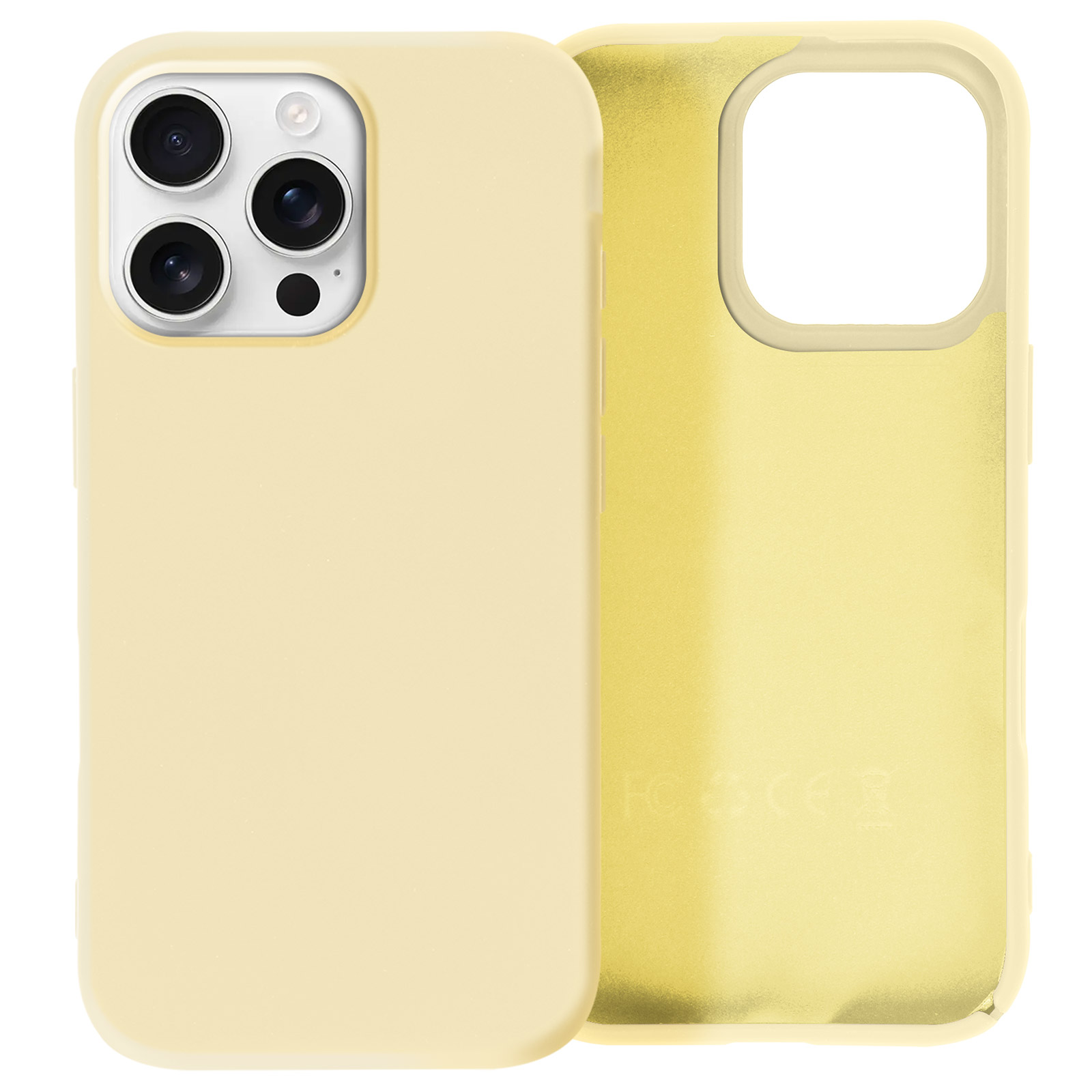 Un étui de téléphone jaune clair. Montre les côtés extérieur et intérieur. Fond blanc.