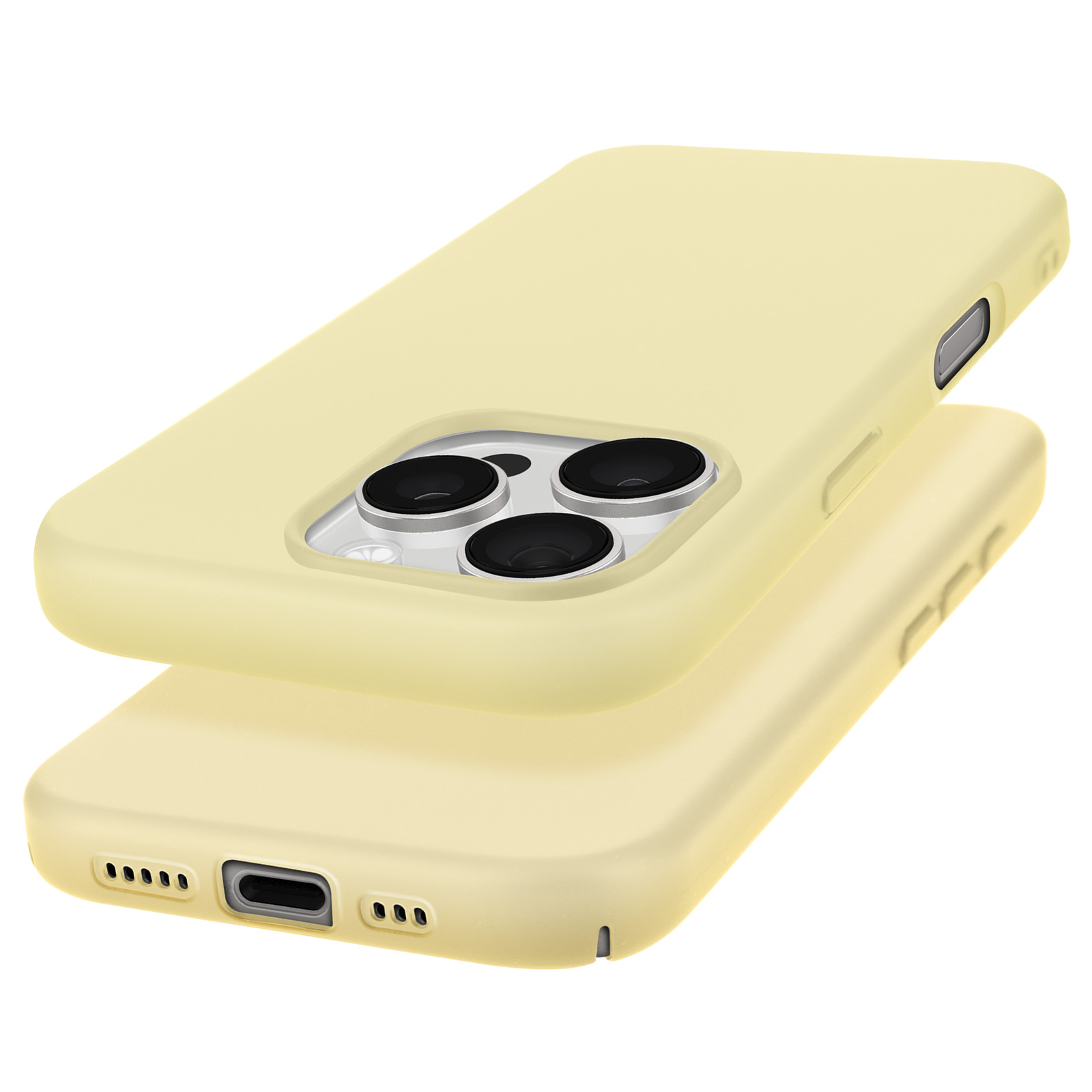 Deux étuis de téléphone jaunes empilés. L'étui supérieur est légèrement décalé, révélant la caméra.