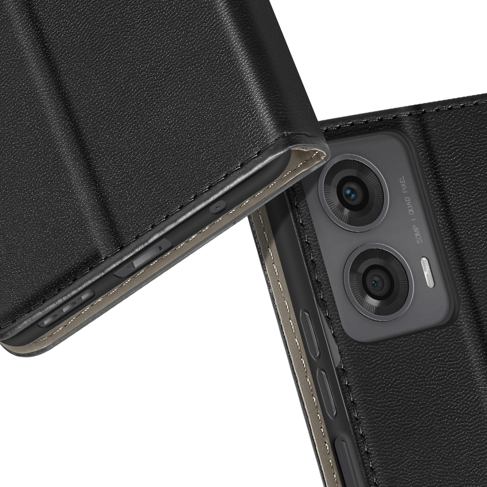 Nahaufnahme einer schwarzen Handyhülle mit einem Telefon darin. Das Telefon zeigt seine Kameralinsen.