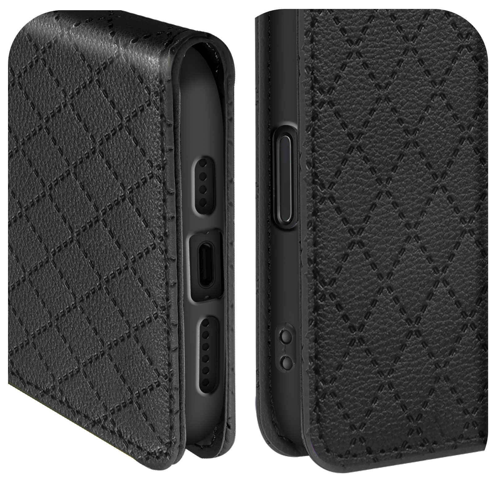 Custodia per telefono nera con motivo a diamante. La custodia ha una texture simile alla pelle.