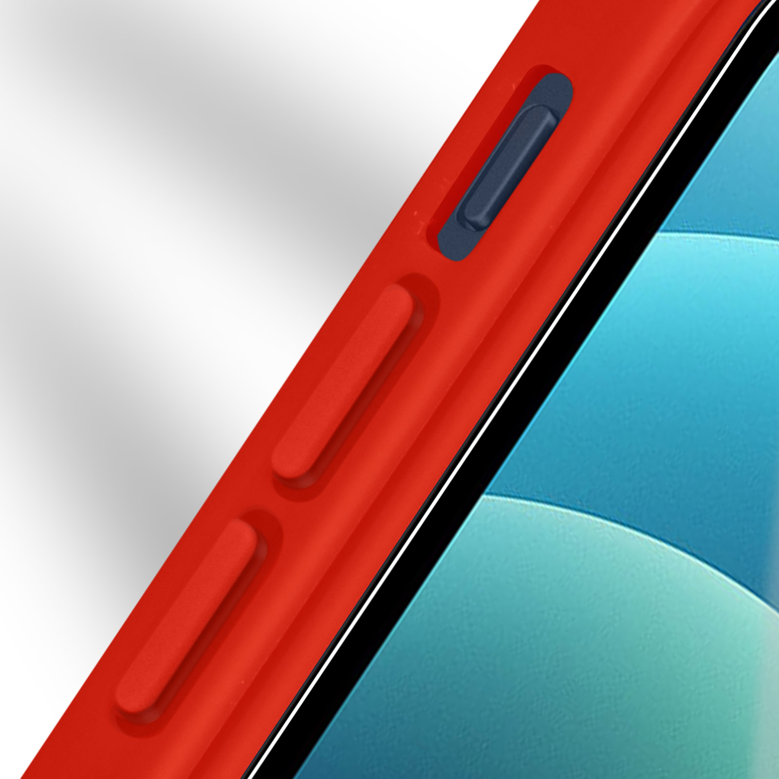 Primo piano di una custodia rossa per telefono con pulsanti laterali e un telaio nero.