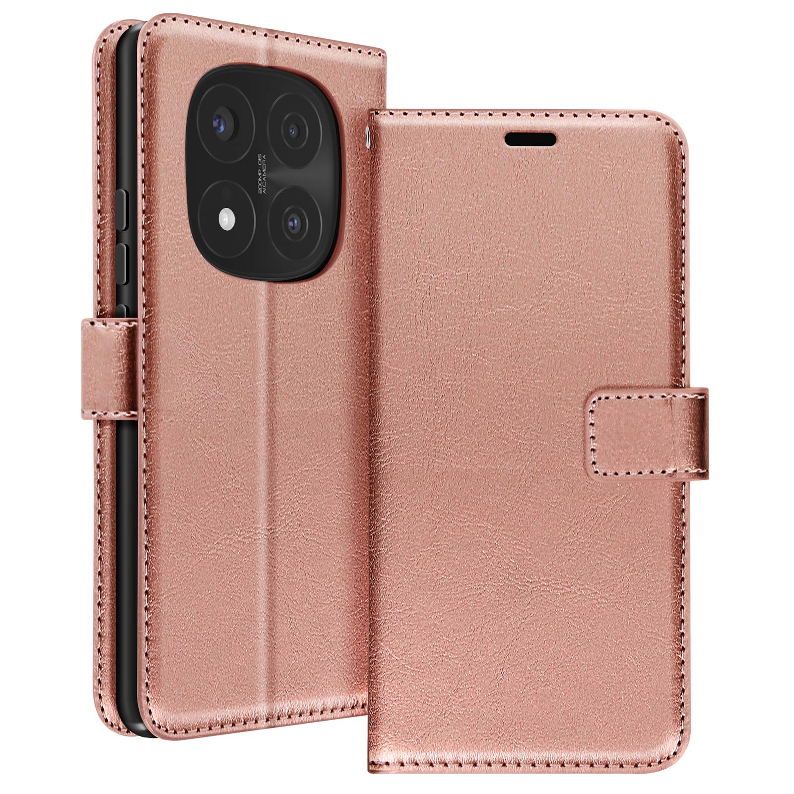 Custodia per telefono oro rosa, chiusa. La custodia ha una superficie strutturata.