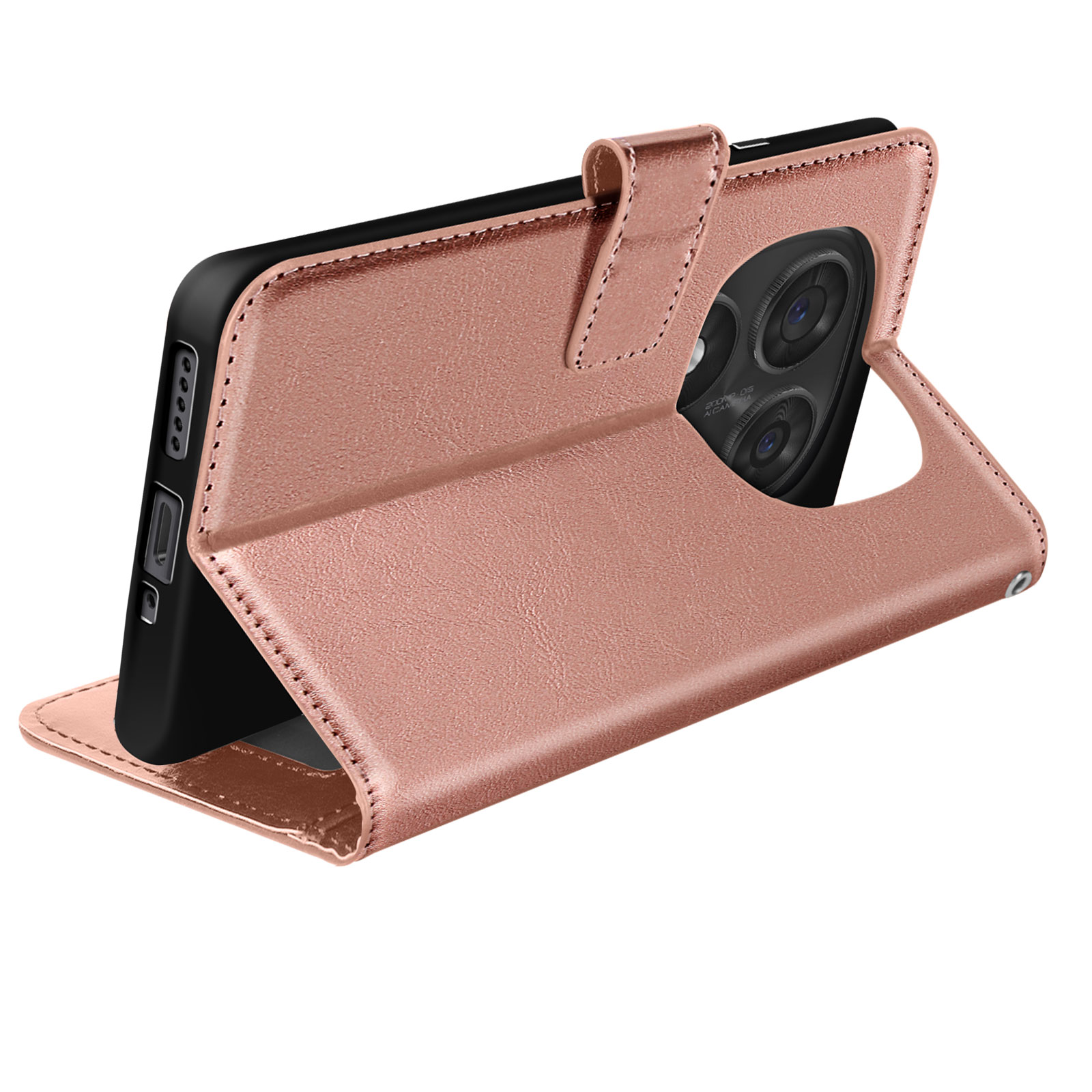 Custodia per telefono oro rosa aperta e sollevata, che mostra la fotocamera e lo schermo del telefono.