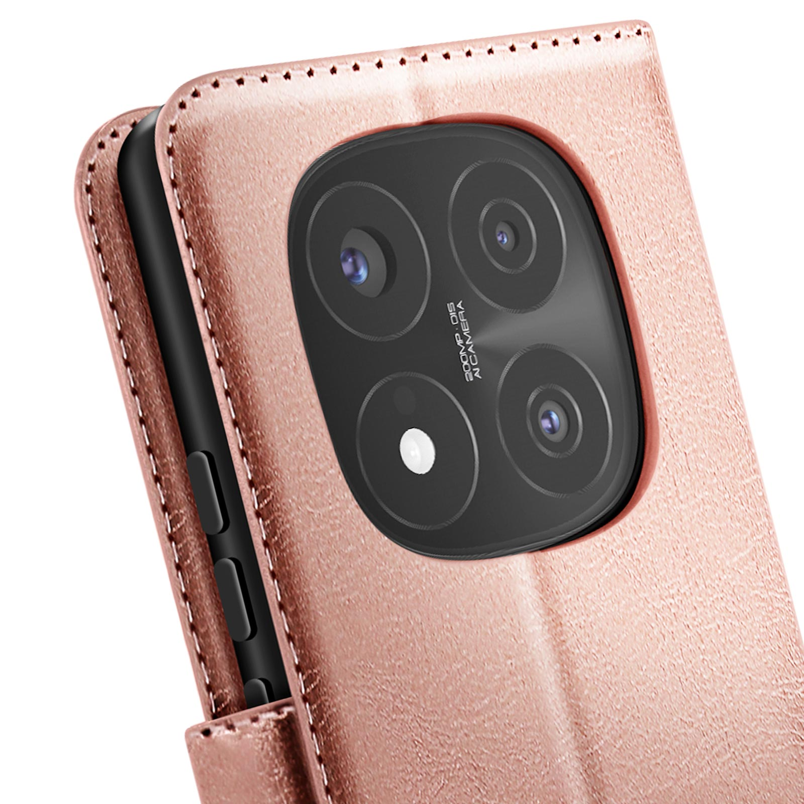 Custodia oro rosa aperta, mostra la fotocamera del telefono, su sfondo bianco.