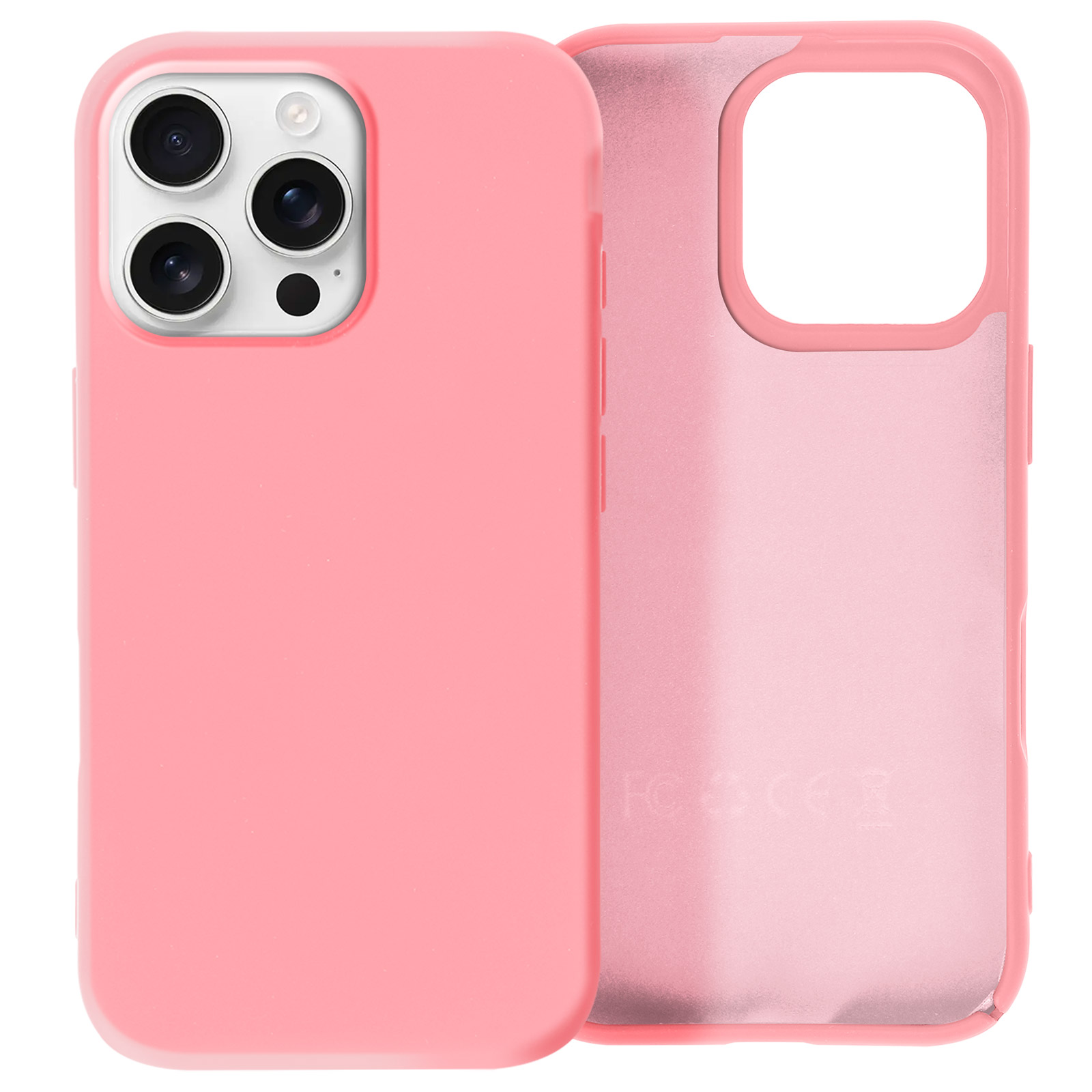 Coque de téléphone rose, ouverte. La coque est visible et a un dos transparent.