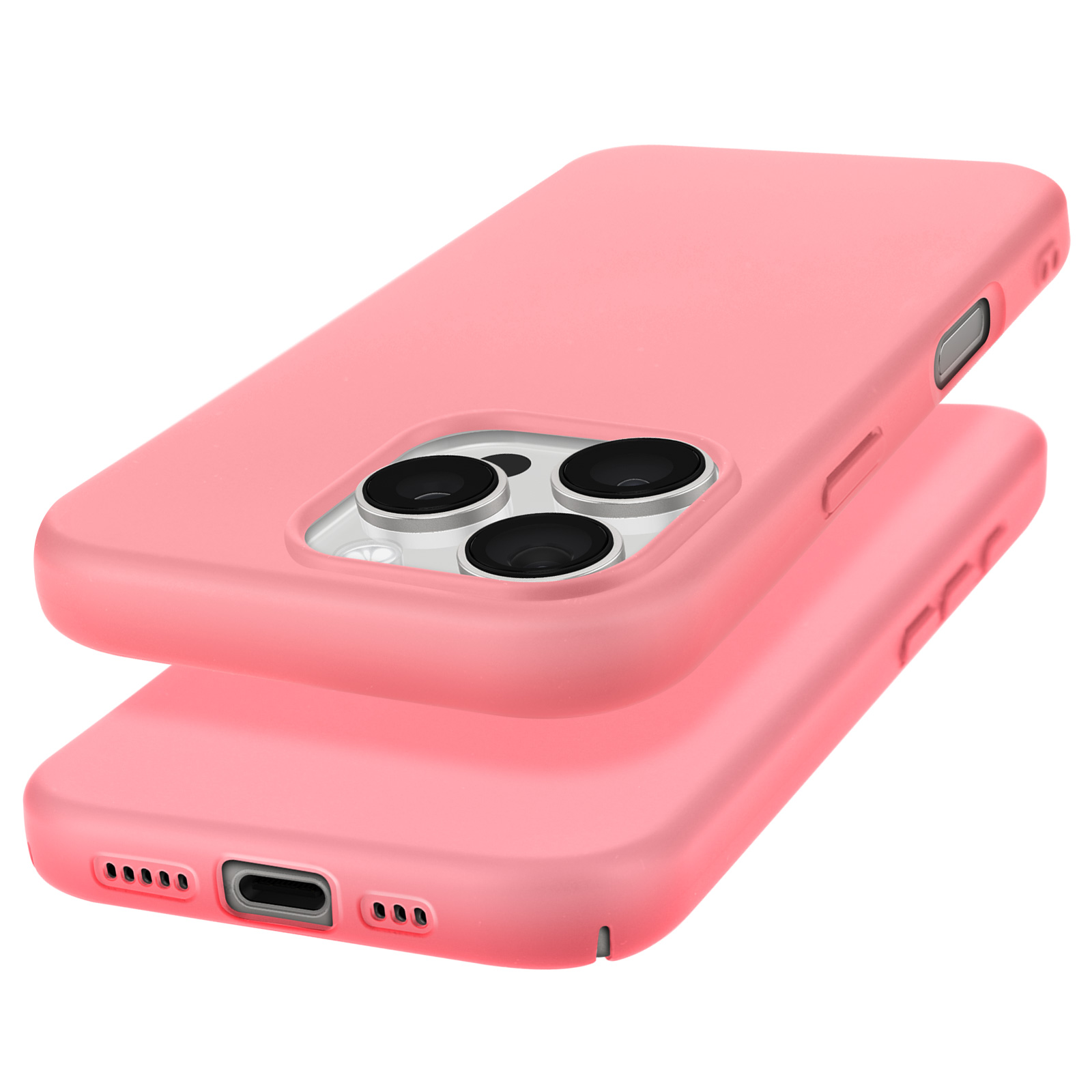 Deux coques de téléphone roses, l'une sur l'autre, présentant les détails de la caméra et des boutons.