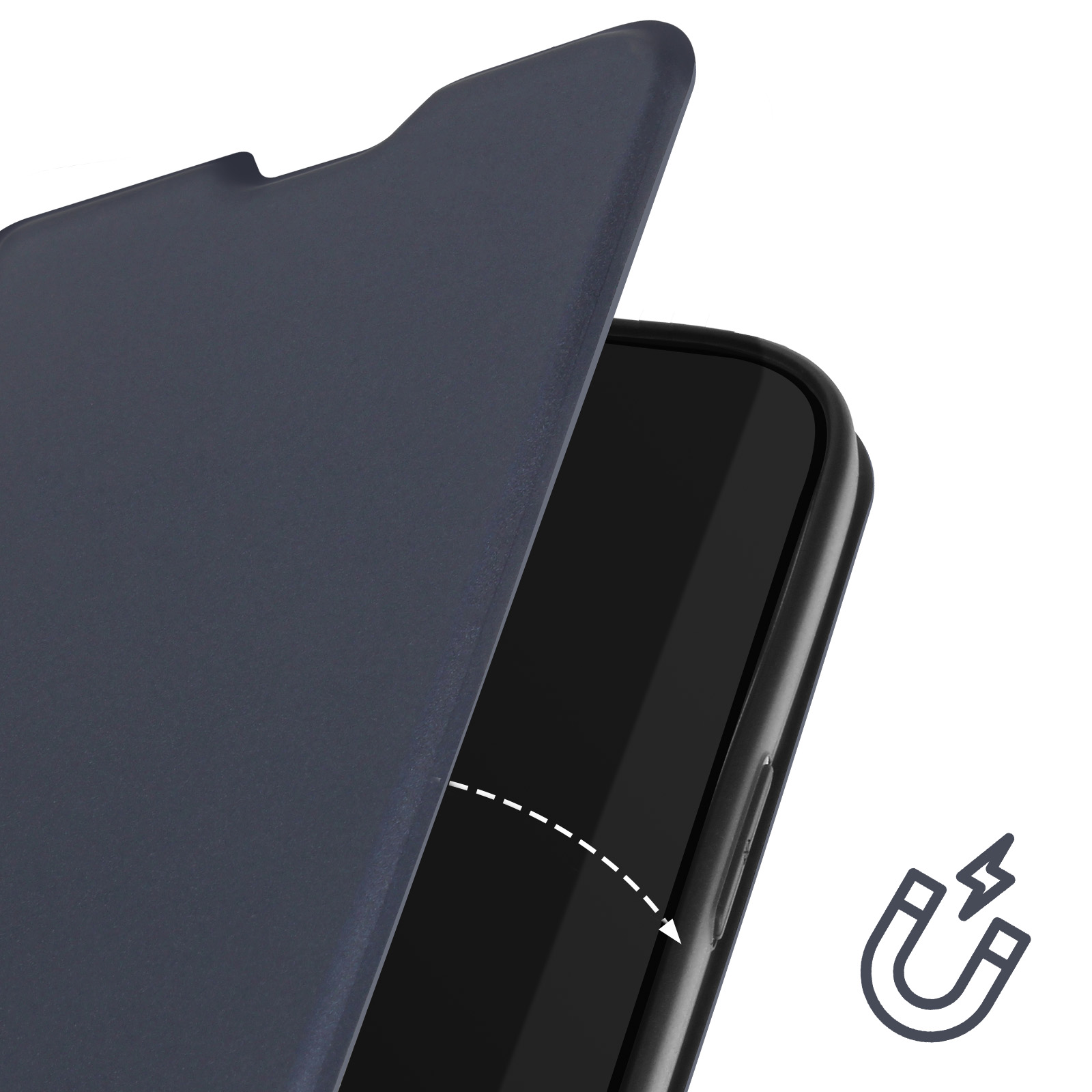 Custodia blu navy per telefono che si apre per rivelare un telefono nero. Simbolo magnetico visibile.