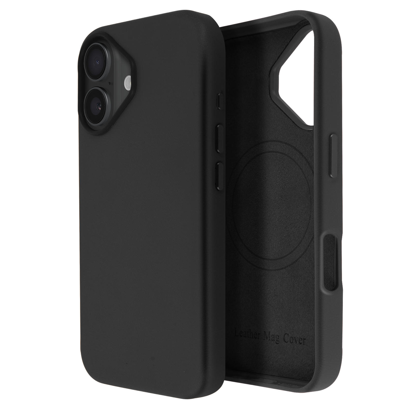 Custodia nera per telefono con interno aperto, che mostra l'interno e la fotocamera del telefono.