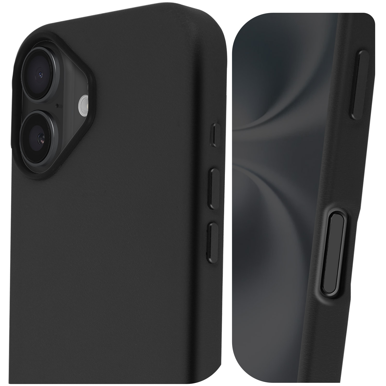 Primo piano di una custodia nera per telefono con la fotocamera e i pulsanti del telefono visibili.
