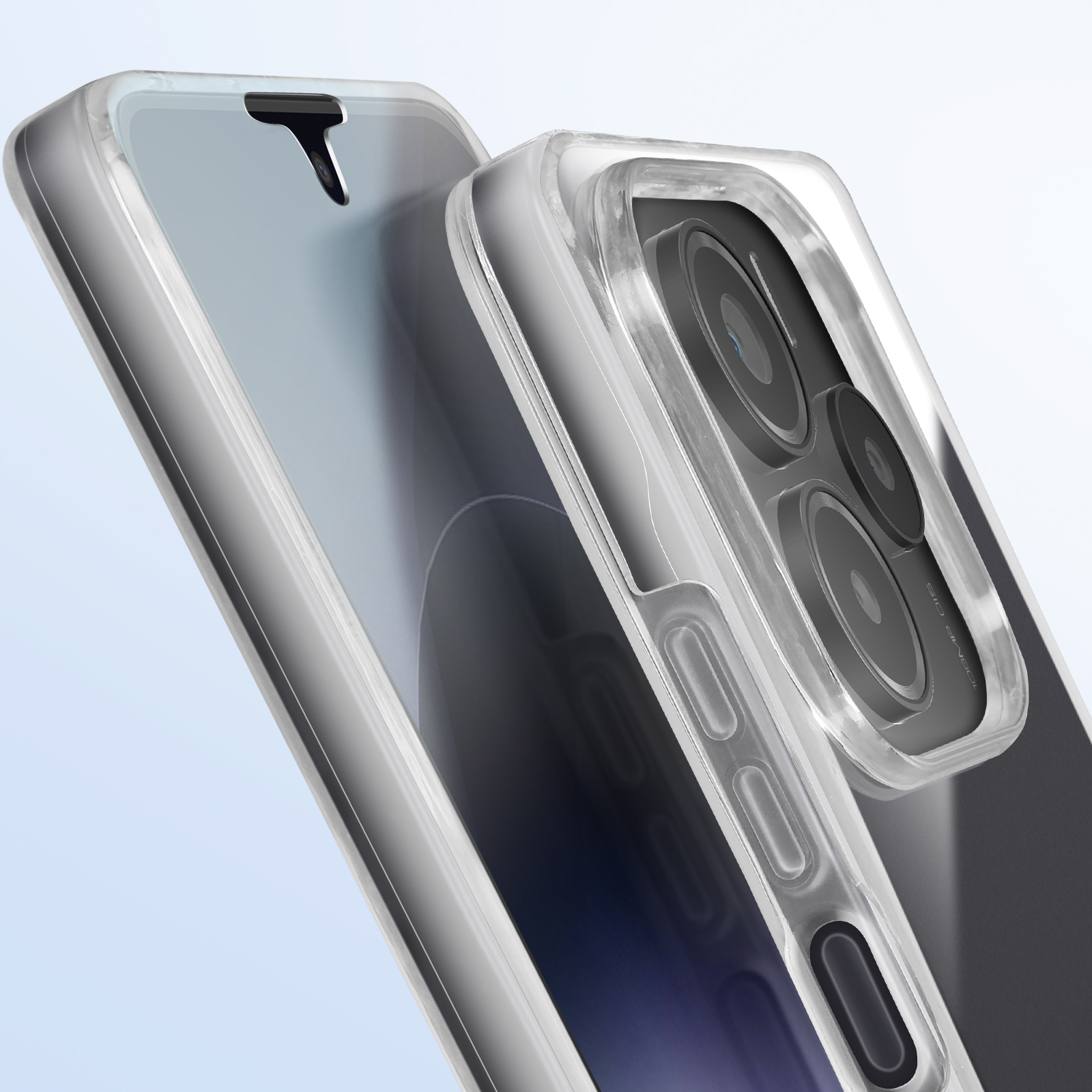 Custodia trasparente con telefono. Primo piano della fotocamera.