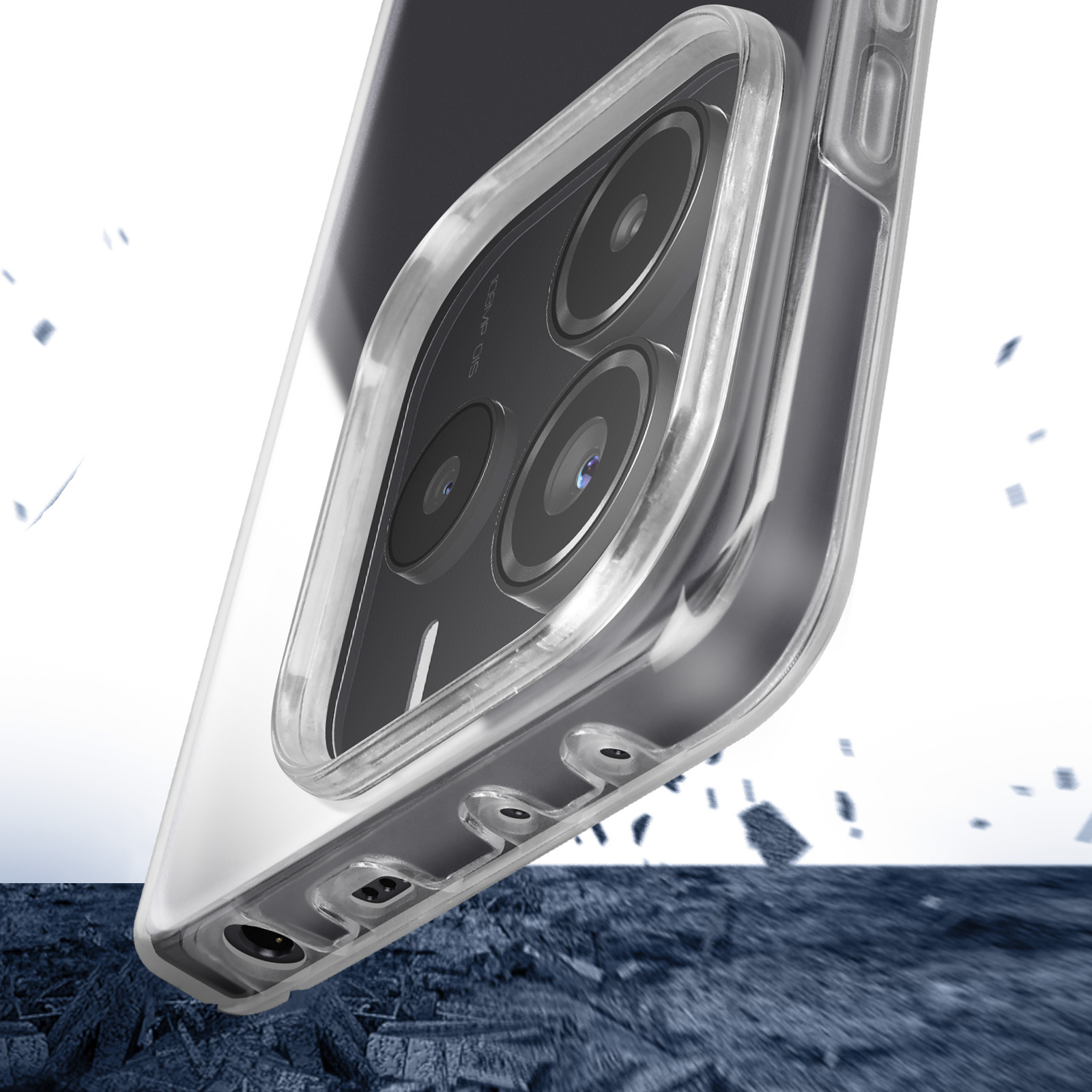 Custodia trasparente, primo piano delle fotocamere del telefono. Sfondo blu e grigio.