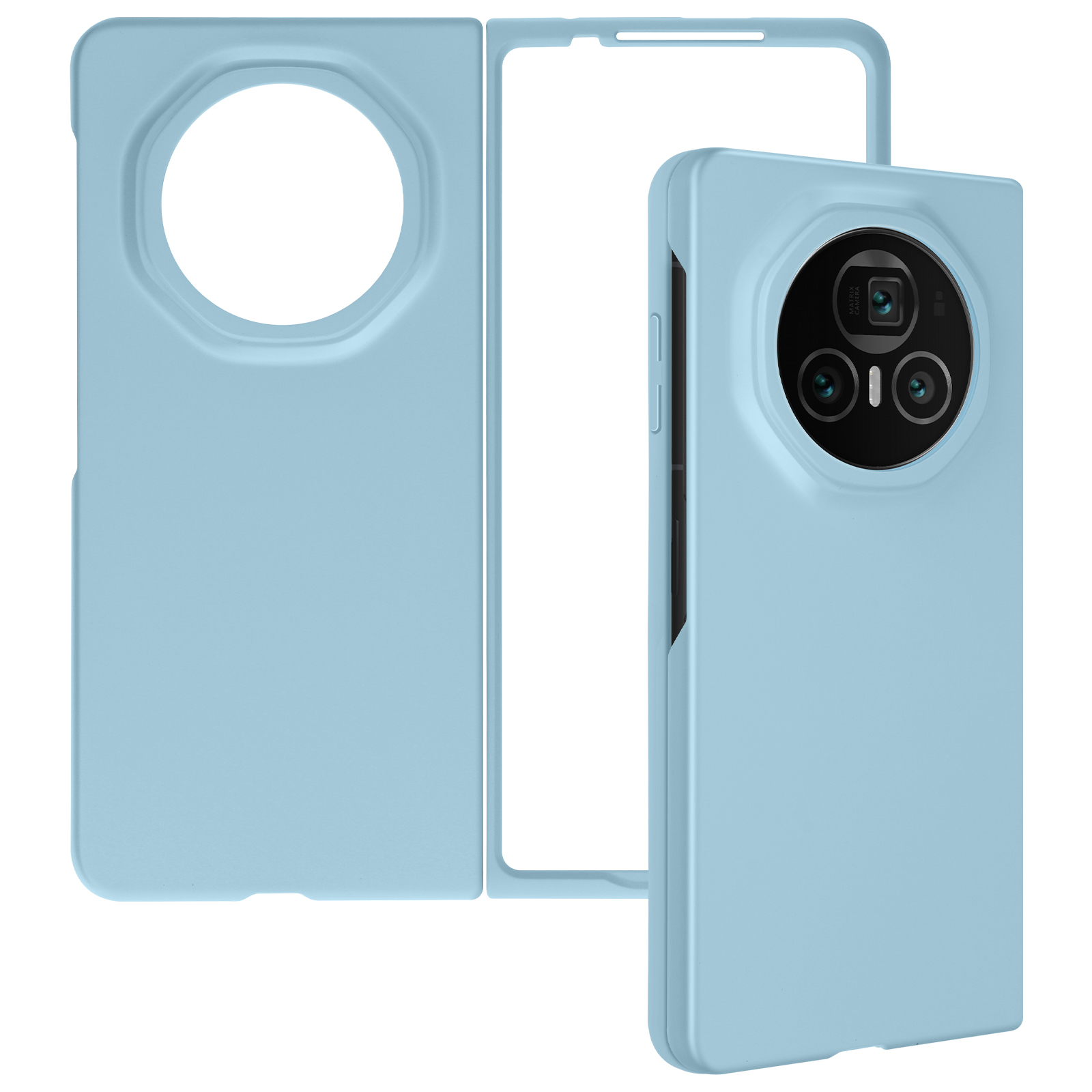 Custodia per telefono azzurra e protezione schermo, che mostra l'area della fotocamera.
