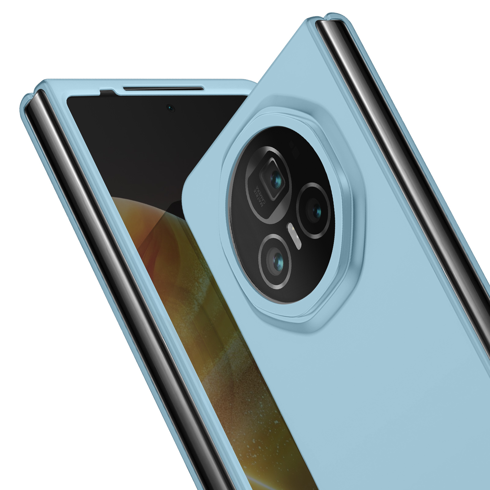 Custodia blu con telefono dentro, primo piano delle fotocamere.