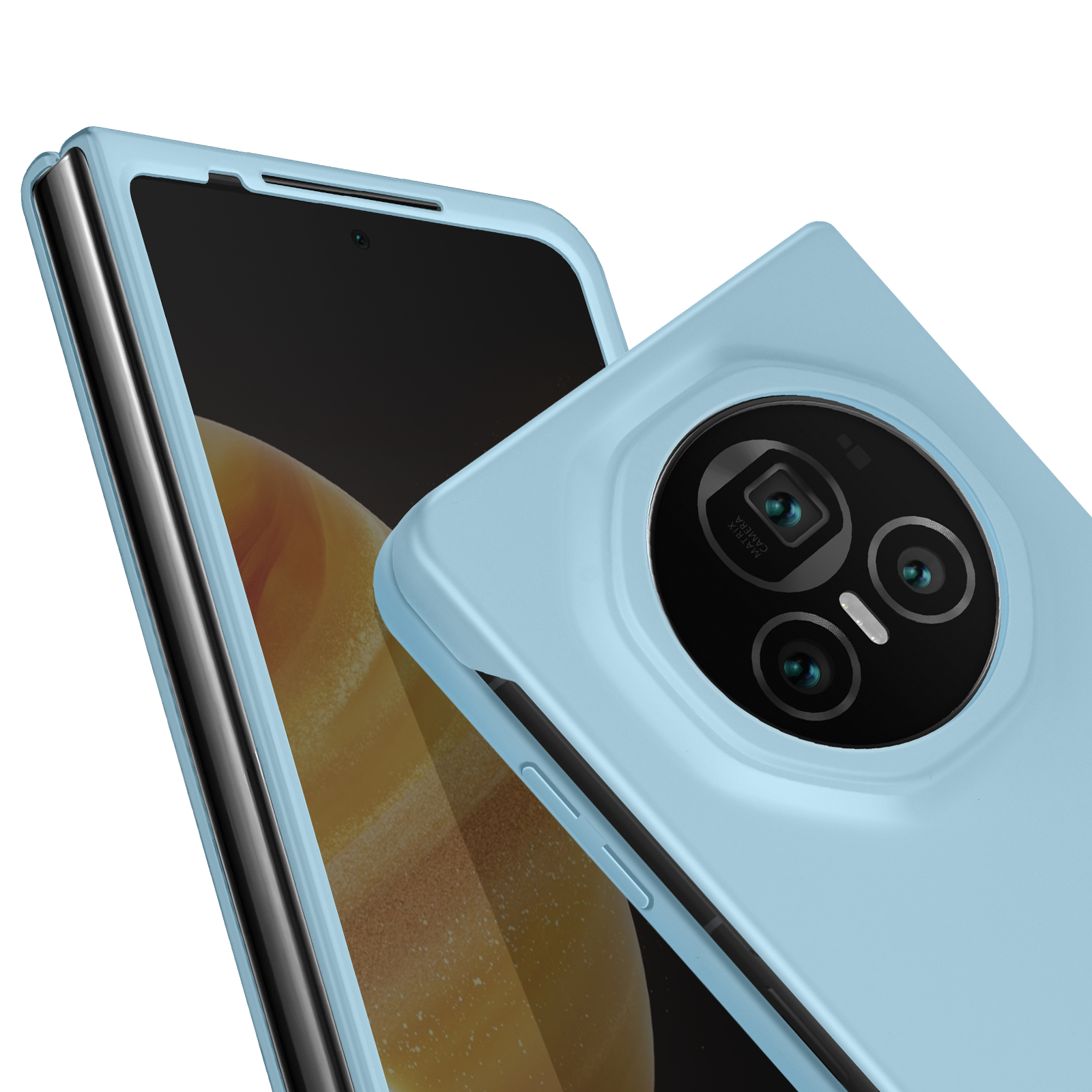 Primo piano di custodia e telefono azzurri, che mostra l'area della fotocamera.
