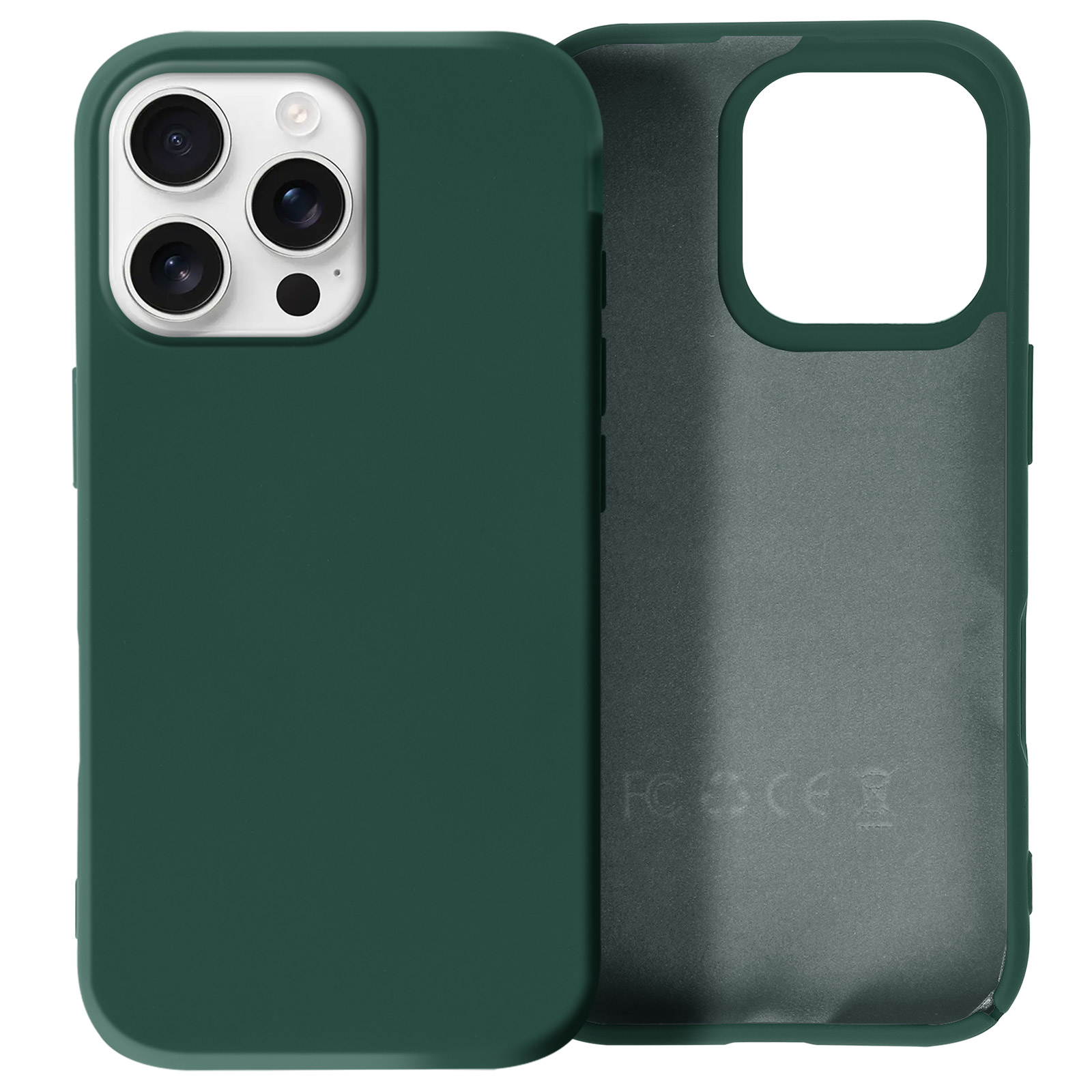 Custodia verde con telefono dentro. Custodia aperta. Sfondo bianco.