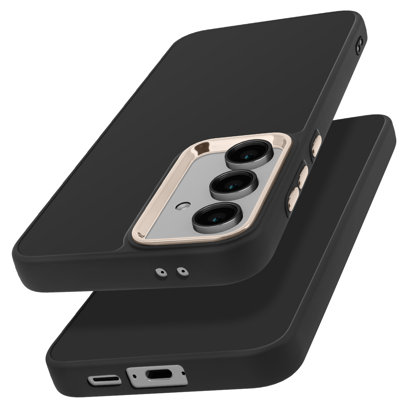 Custodia nera per telefono con anello fotocamera dorato, due custodie impilate.