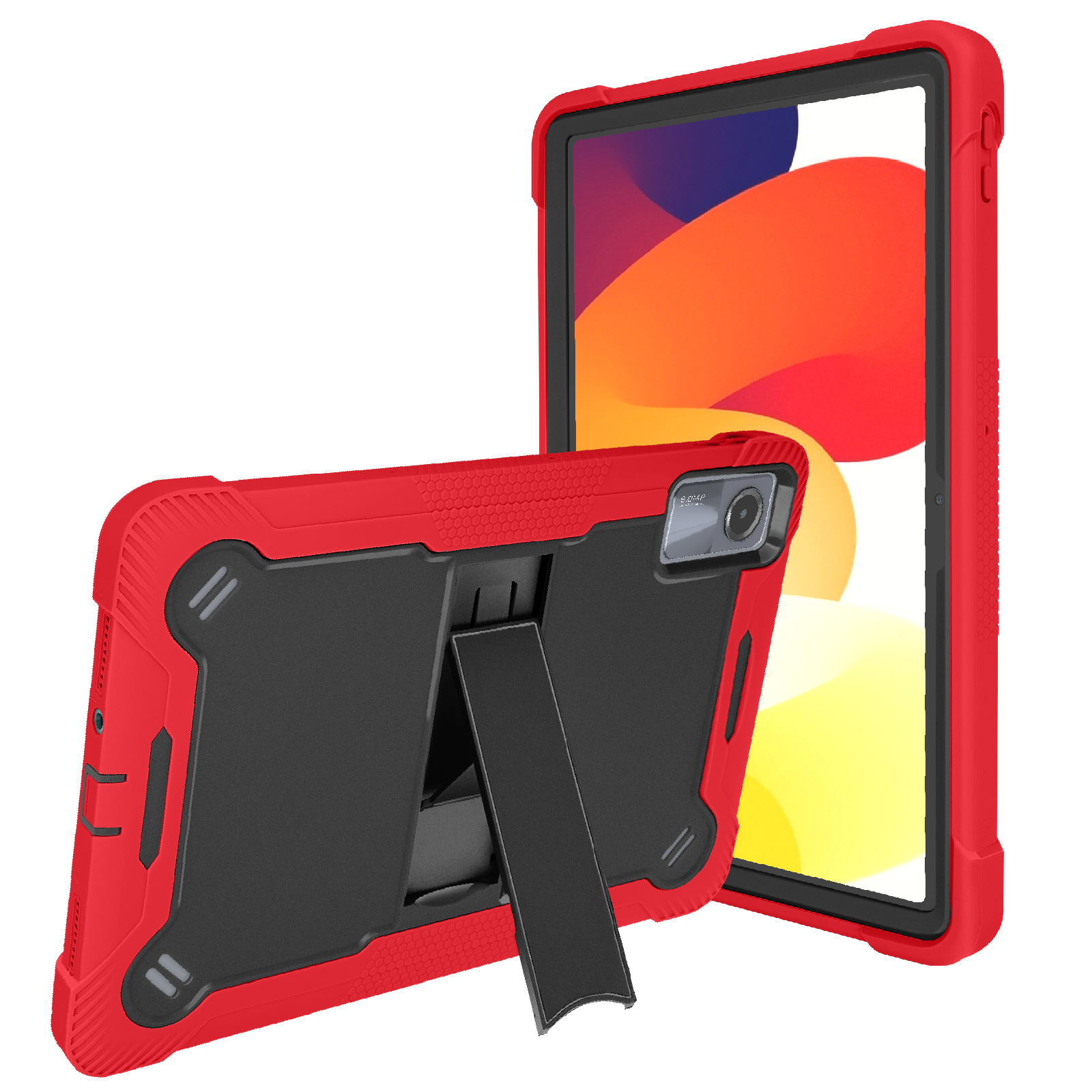 Custodia per tablet rossa e nera con tablet e supporto.