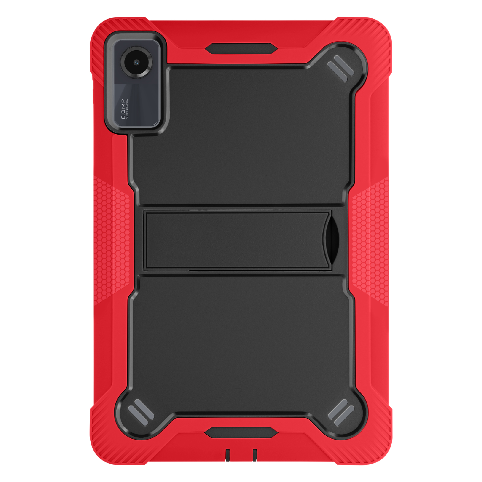 Custodia per tablet rossa e nera. Ha una fotocamera e un supporto.
