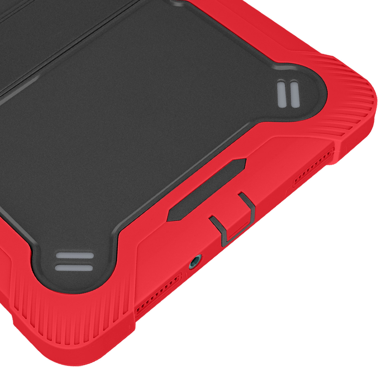 Una custodia per telefono rossa e nera. La custodia è robusta e ha un design strutturato. Sfondo bianco.