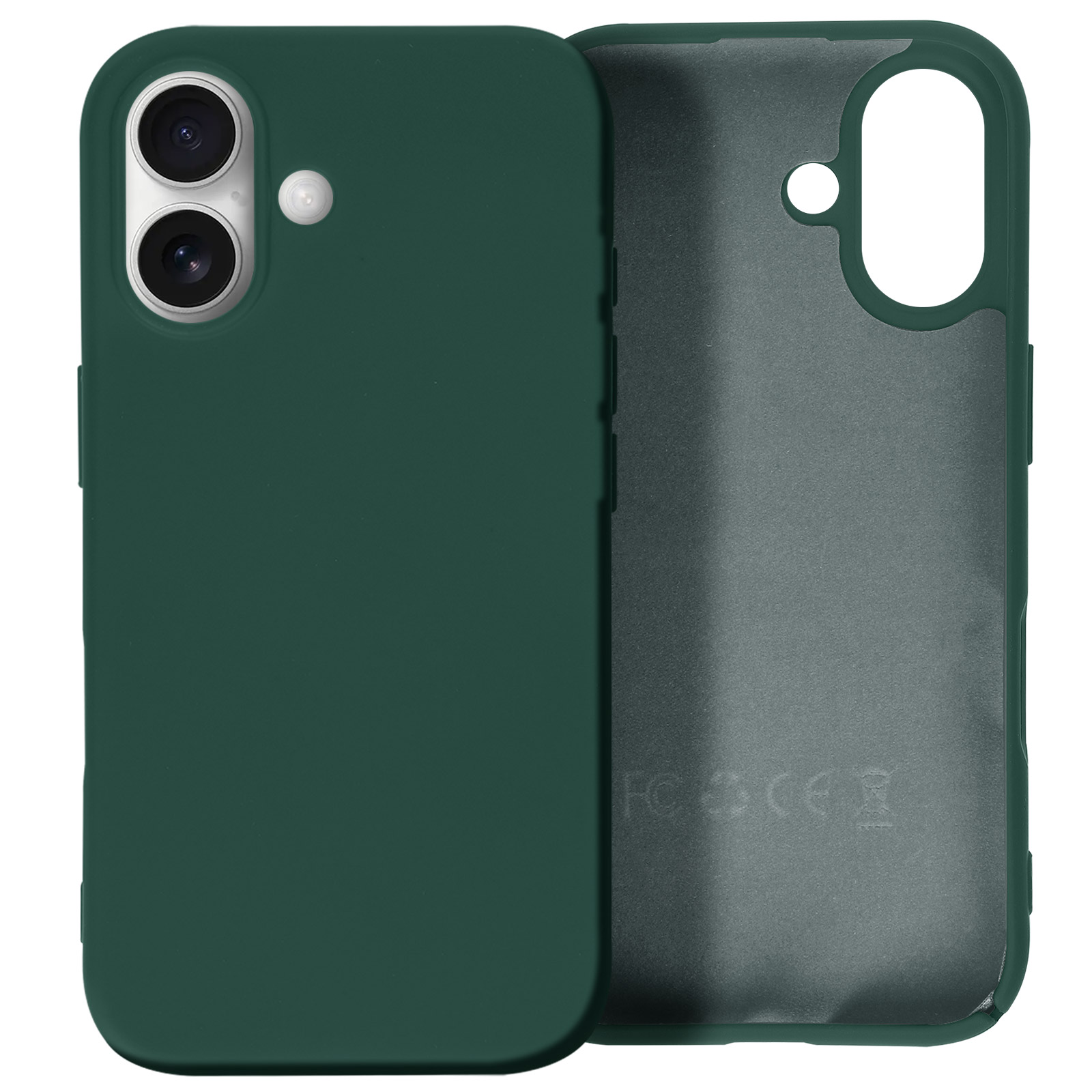 Custodia verde per telefono, con due fotocamere. L'interno è grigio.