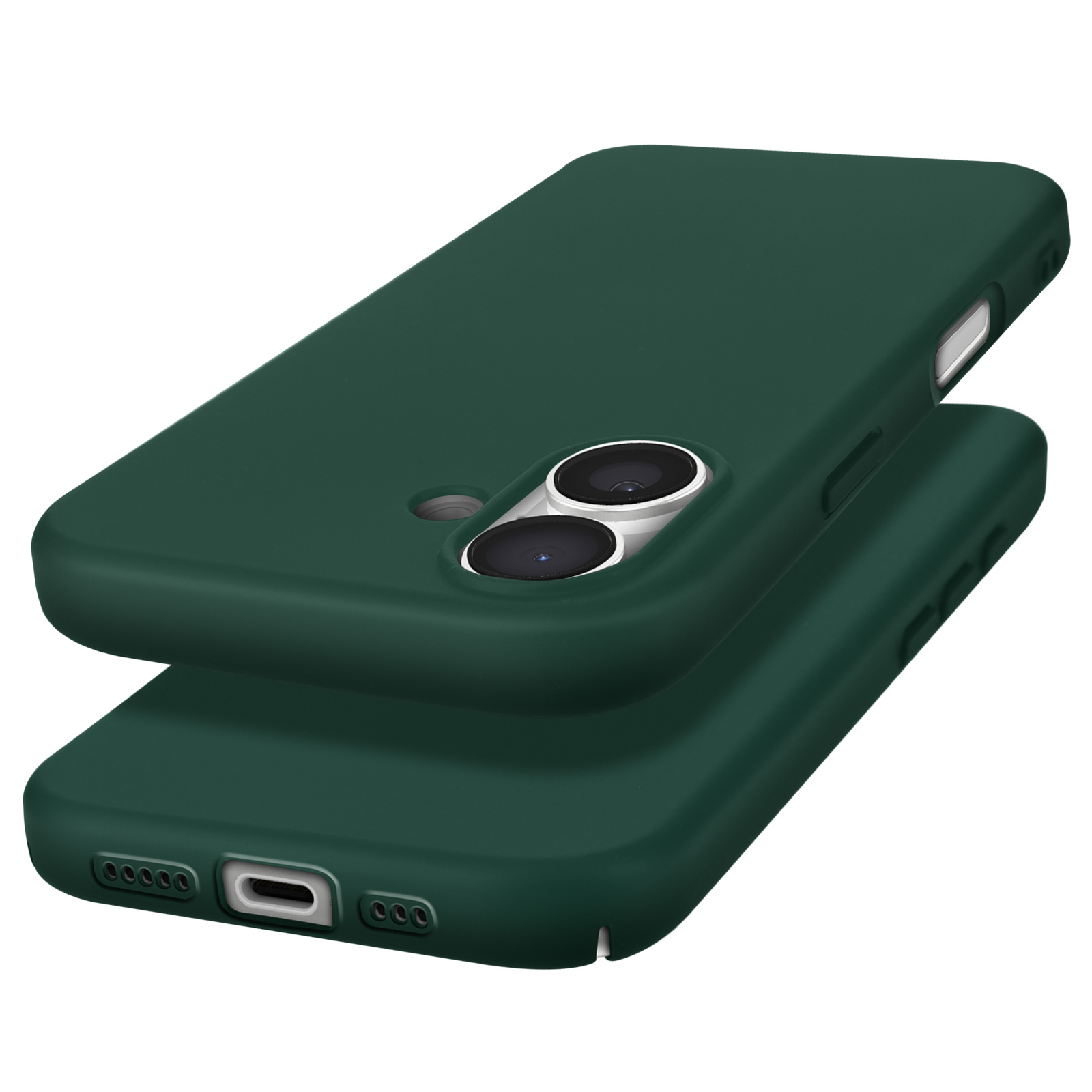 Due custodie per telefono verde scuro impilate, con fori per la fotocamera visibili.