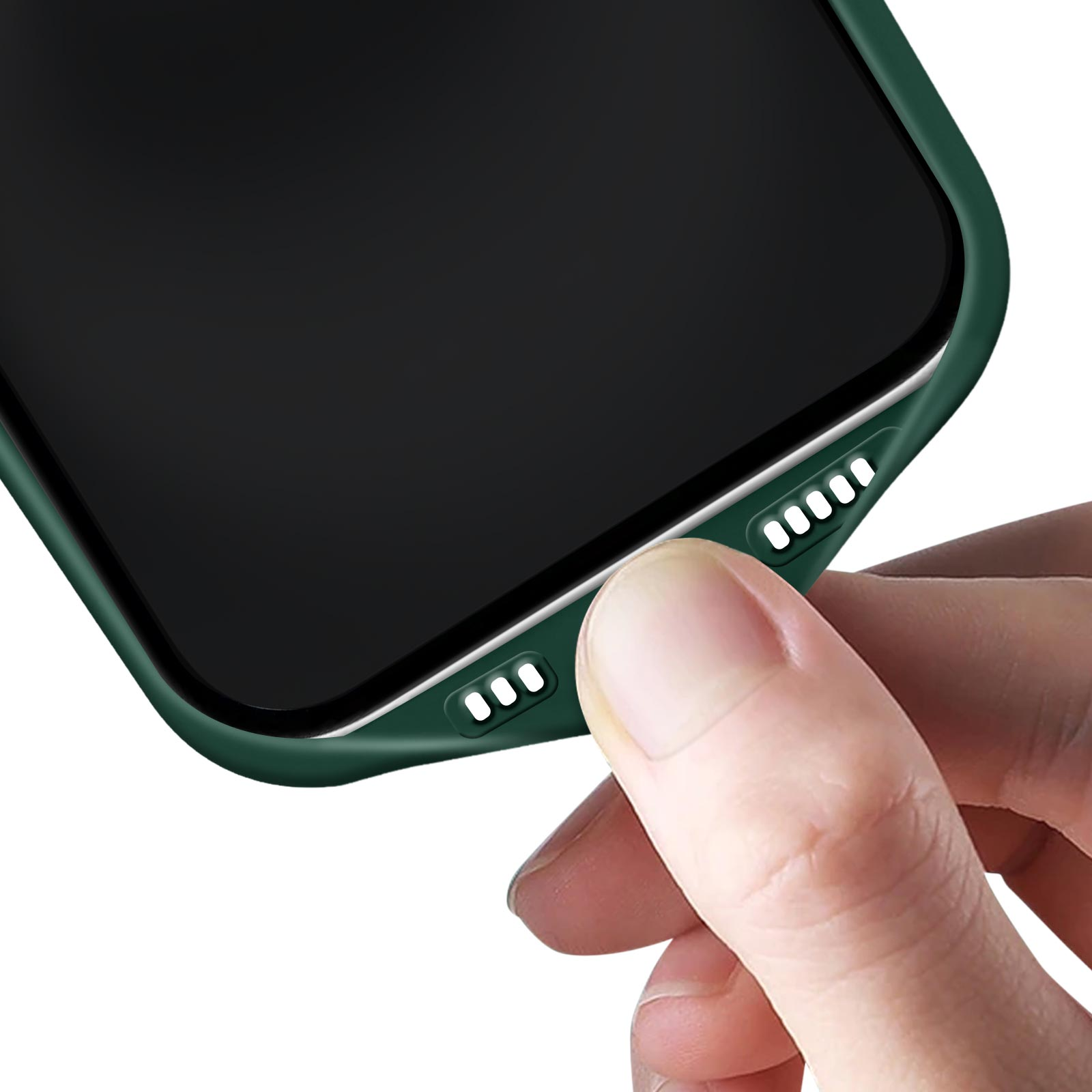 Una mano che tiene un telefono con una custodia verde. La custodia ha dei fori.